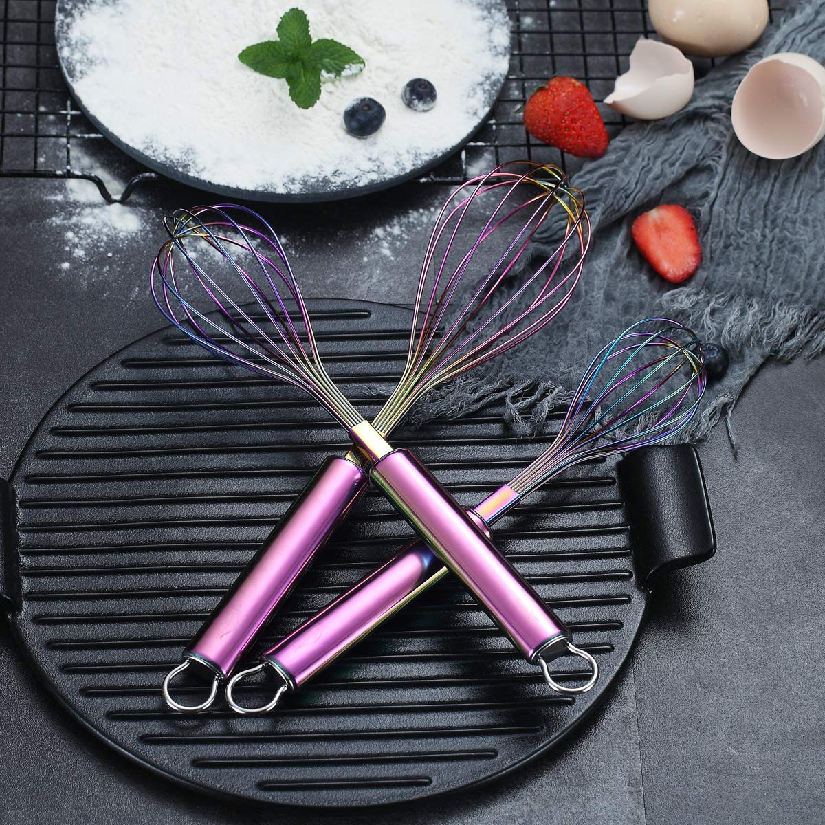 Berglander Rainbow Whisk Pack Of 3 Stainless Steel 8'',10'',12'', Titianium Plating Rainbow Whisk Colorful Whisk For Cooking, Be