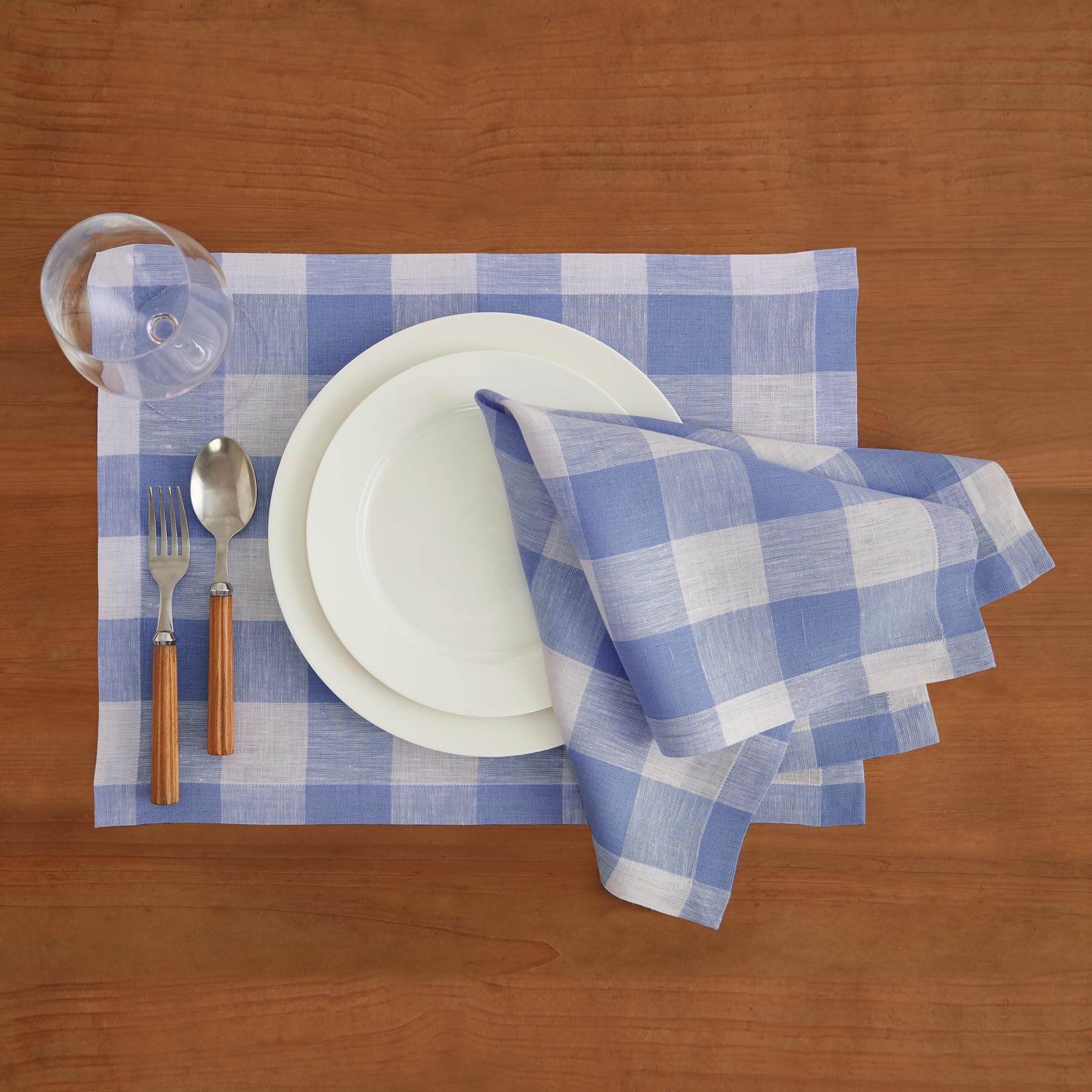 Solino Home Buffalo Check Linen Placemats 19'' L X 14'' W Inch - 100% Pure Linen Hydrangea Blue Plaid Cloth Placemats Set Of 4 -