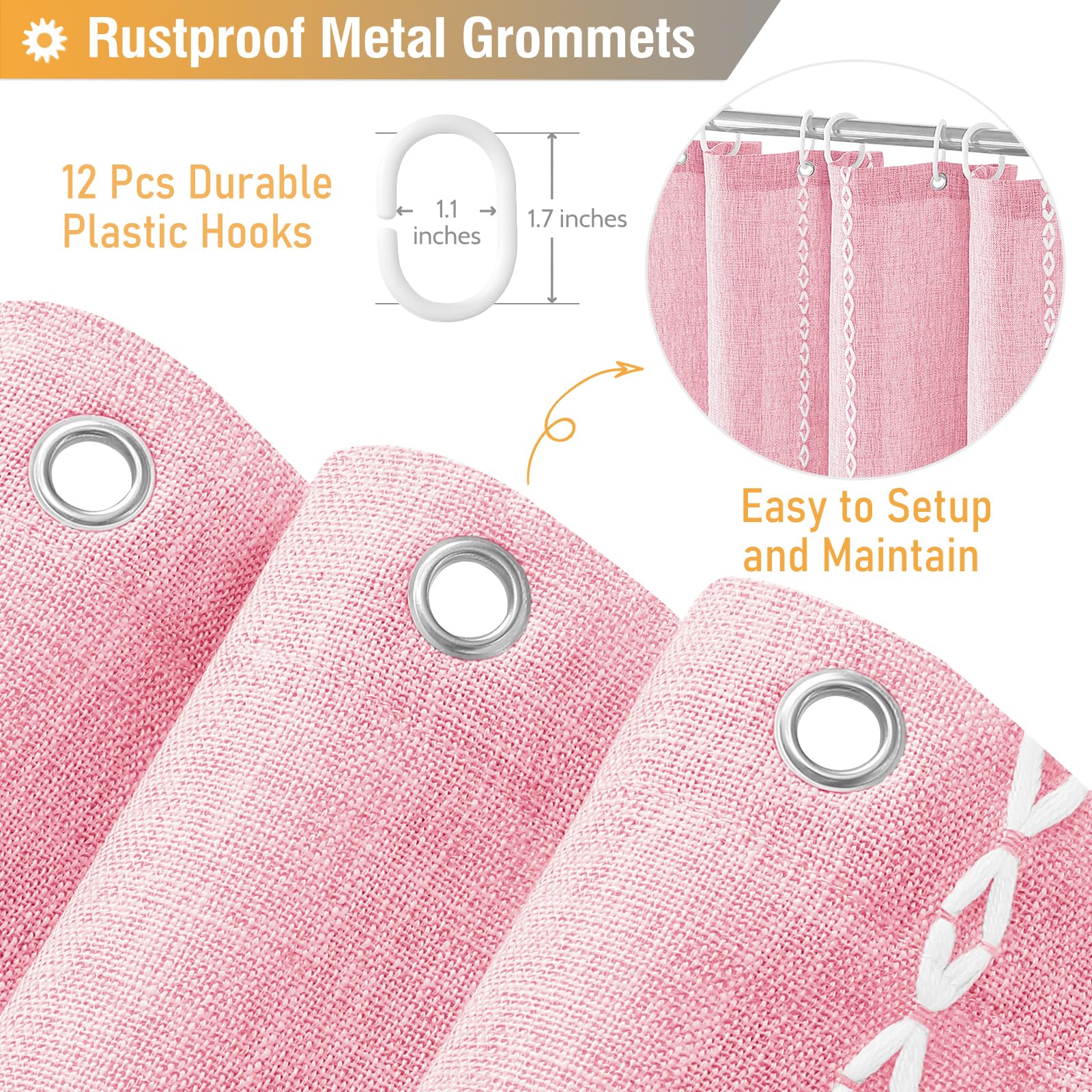 Bttn Pink Boho Shower Curtain, Linen Rustic Striped Fabric Shower Curtain Set With Tassel, Water Repellent, Bohemian Modern Farm