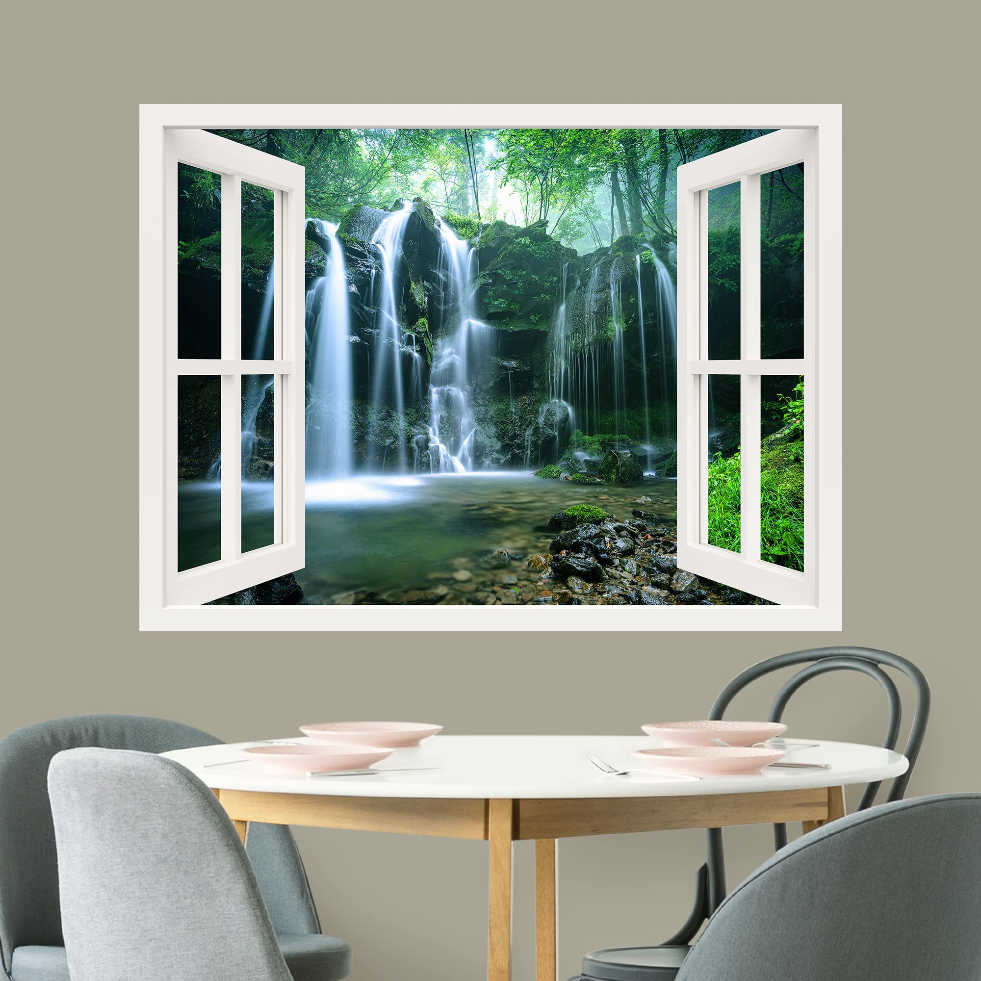 wall26 Removable Wall Sticker/Wall Mural Window View Forest Mountain River Rapid Waterfall Nature Wilderness Photography Realism Landscape Multicolor for Living Room  Bedroom  Office - 24''x32''