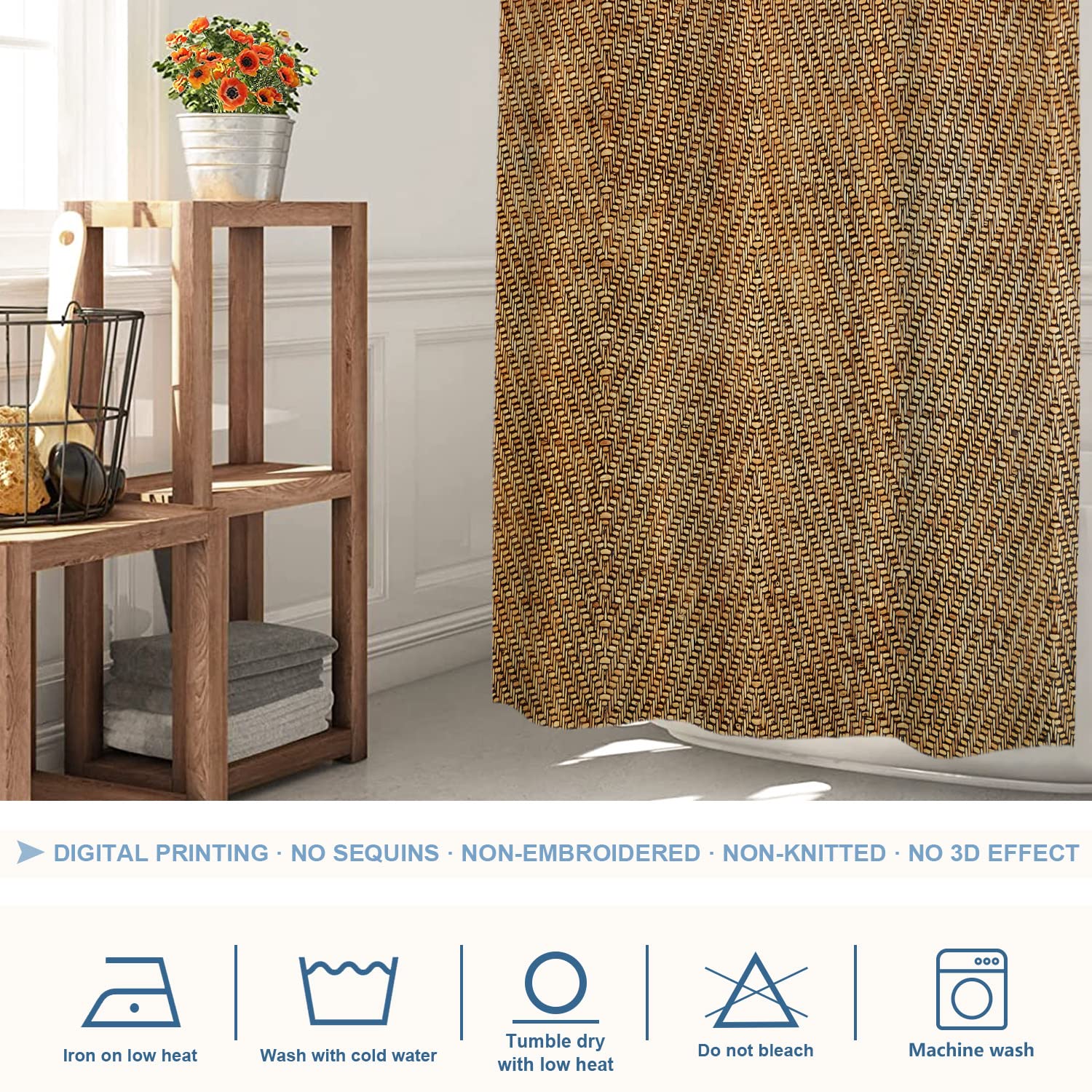 Shrahala Weave Wood Decorative Shower Curtain  Texture Bamboo Fabric Rattan Woven Organic Cane Bathroom D
