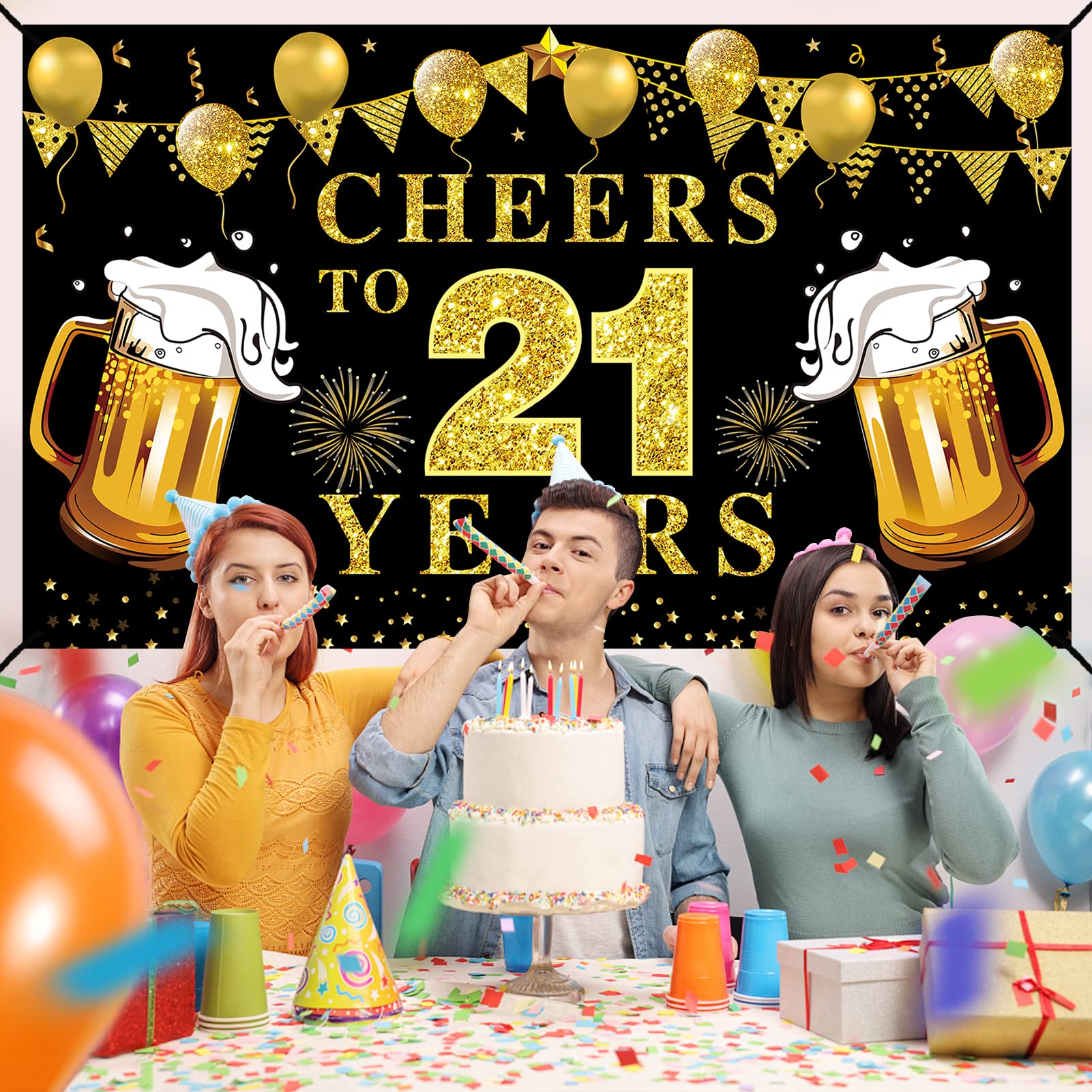 Lnlofen Happy 21St Birthday Banner Decorations, Black Gold Cheers To 21 Years Backdrop Party Supplies, 21St Anniversary Photo Bo