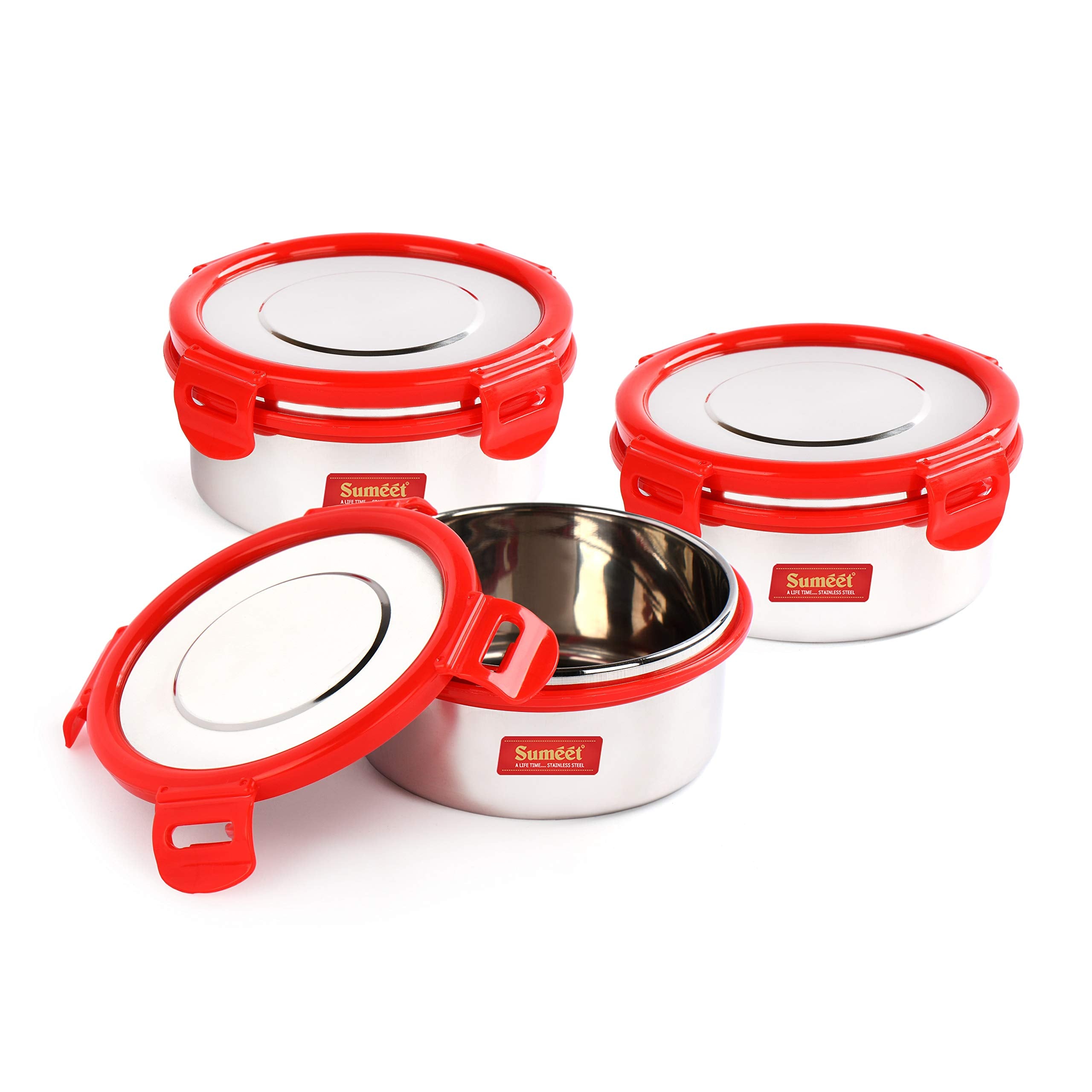 Sumeet Airtight & Leak Proof Steelexo S.S. Container Lunch Box With Stainless Steel Lid Set Of 3Pcs (460Ml Each)  Red