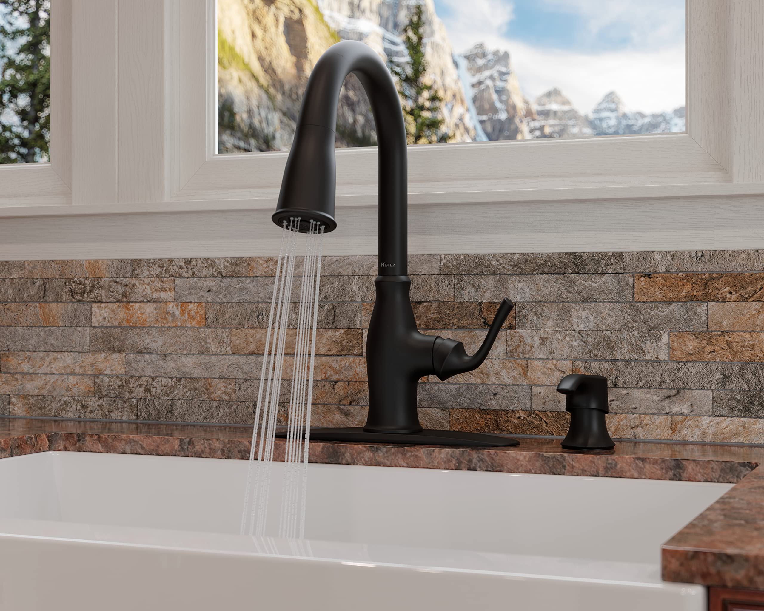 Pfister Rosslyn Kitchen Faucet With Pull Down Sprayer And Soap Dispenser, Single Handle, High Arc, Matte Black Finish, F5297Rssr
