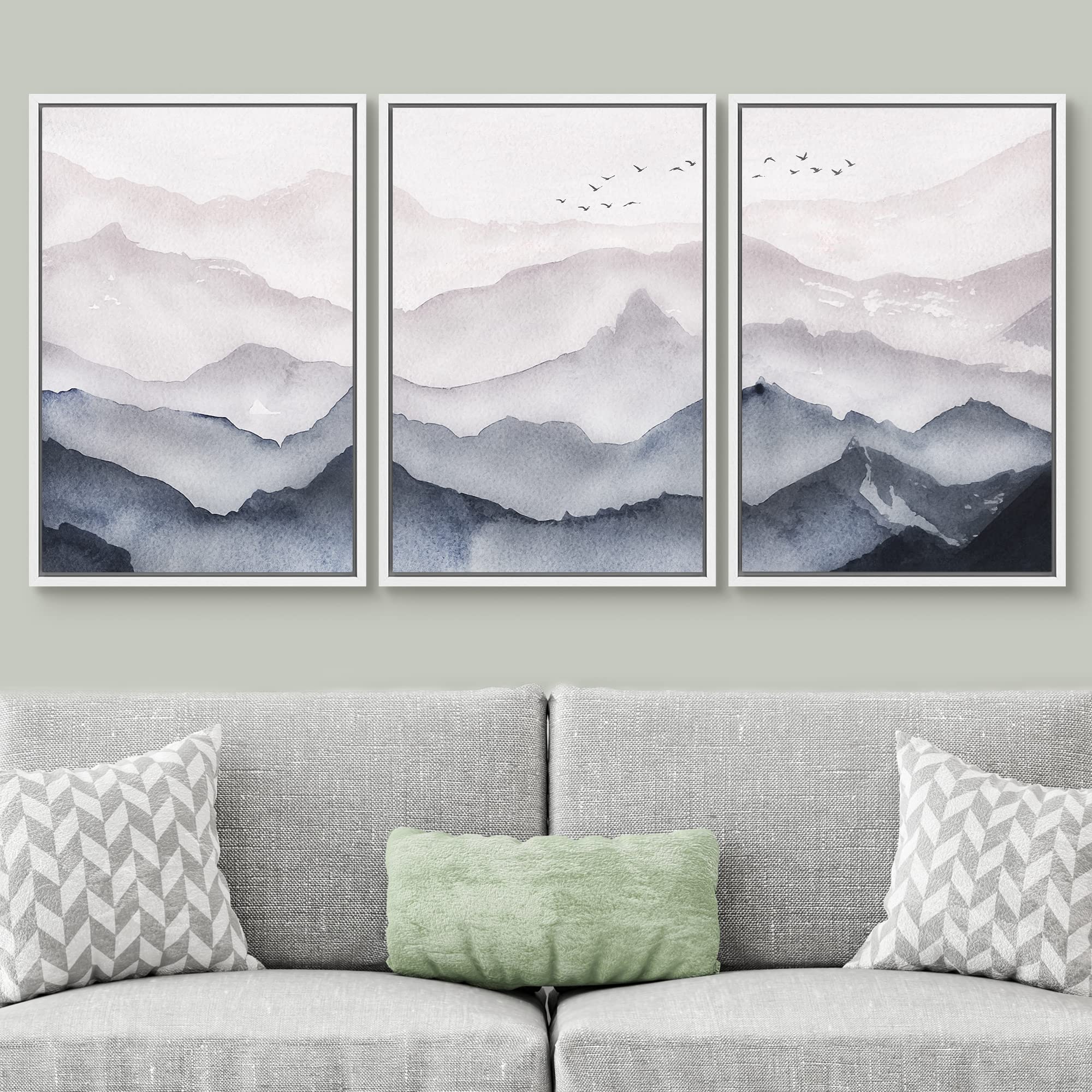 Signwin Framed Canvas Print Wall Art Set Blue Gray Mountain Range Fog & Mist Nature Wilderness Illustrations Modern Art Decorati