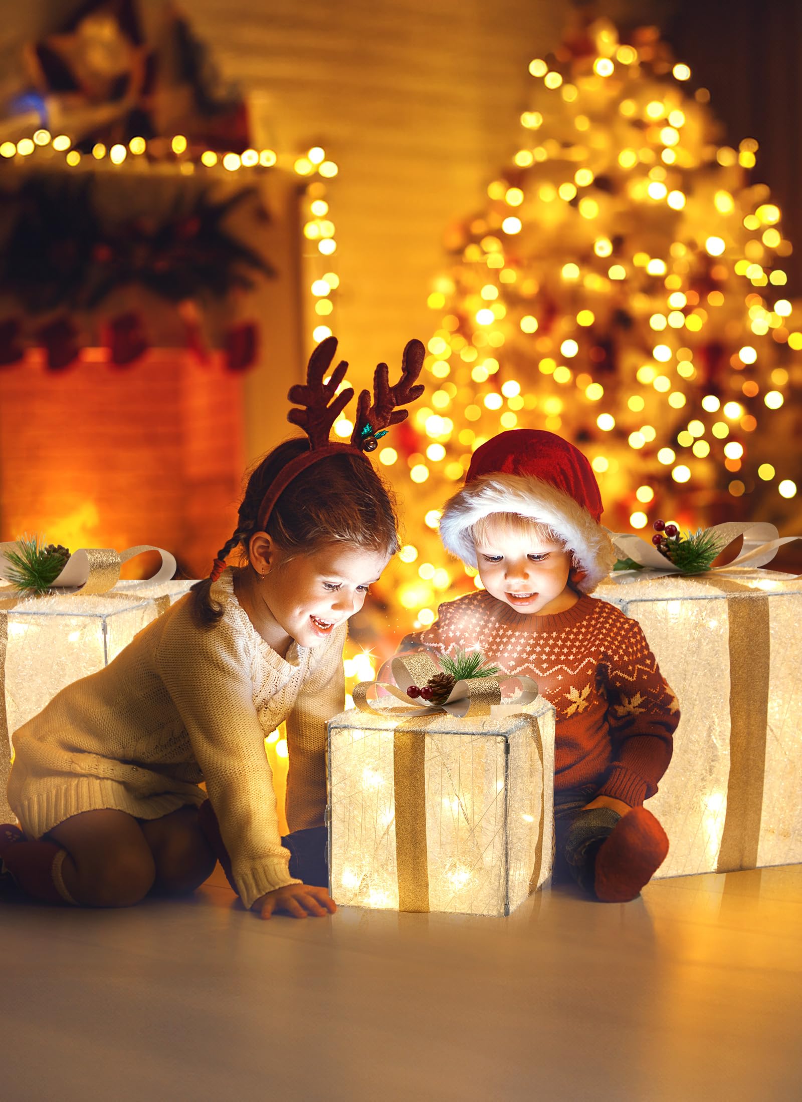 3 Pieces Lighted Gift Boxes Christmas Decorations, 12in 10in 8in with 60 Pre-Strung Mini String Lights, Foldable Light up Presen