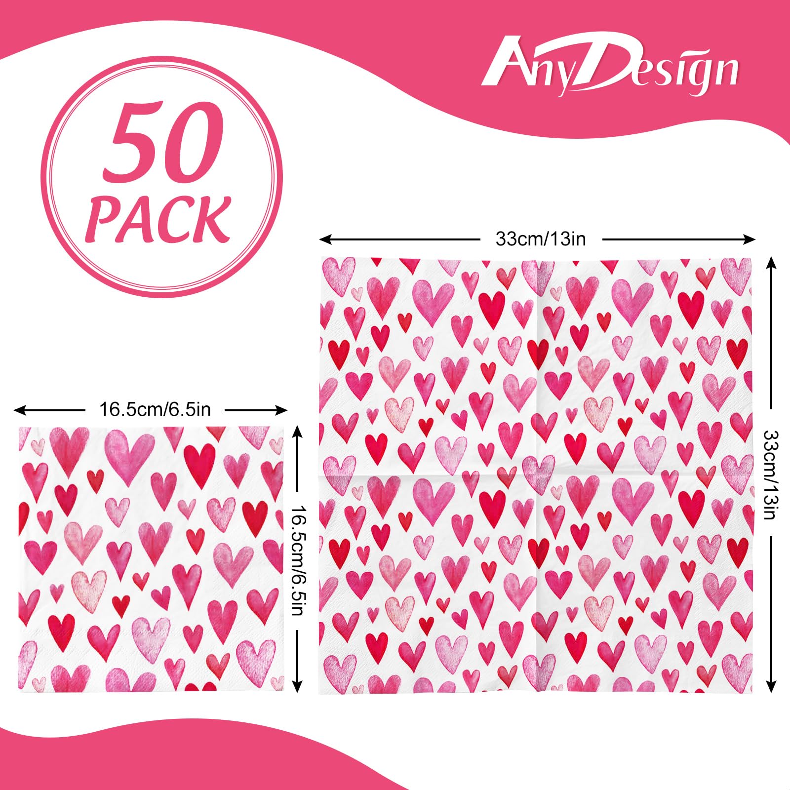 Anydesign 50 Pack Valentines Day Paper Napkins Pink Watercolor Heart Disposable Luncheon Dinner Napkins For Party Supplies Table