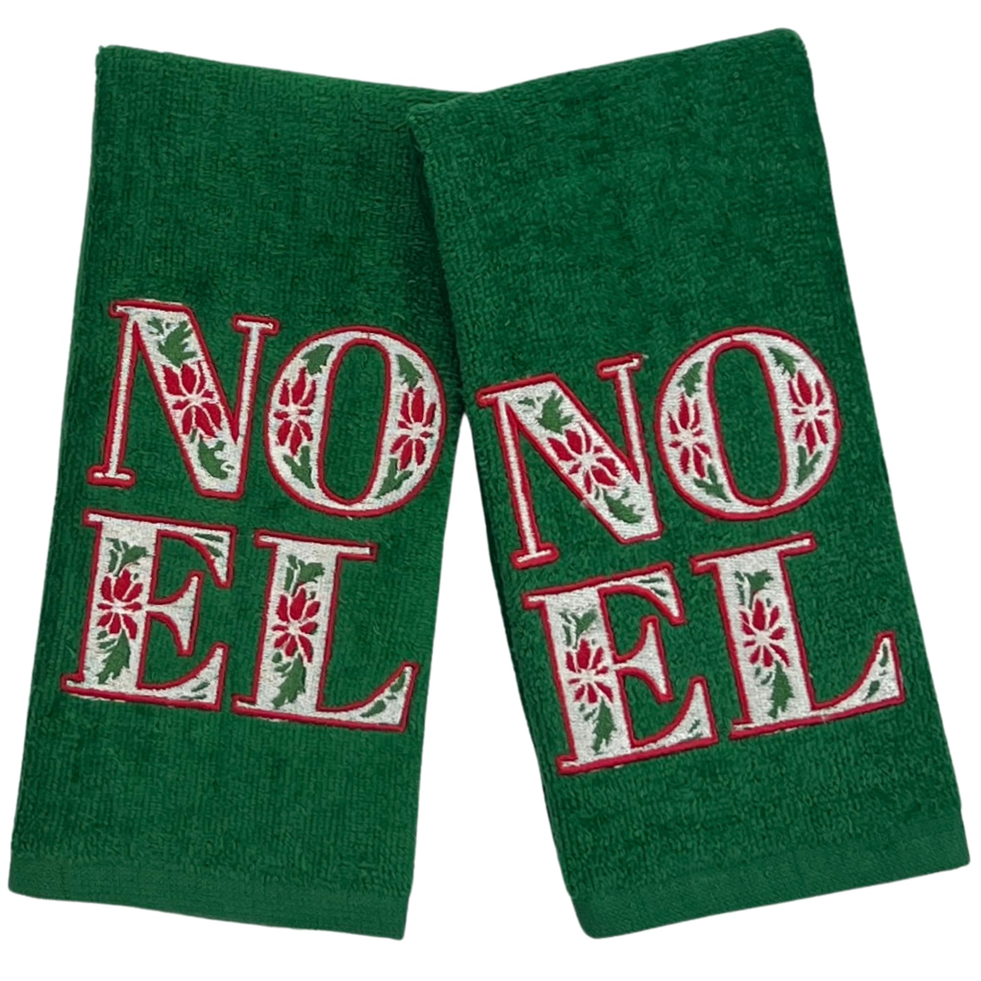 Serafina Home Holiday Christmas Bath Fingertip Towels, Embroidered Poinsettia Noel, Green With Stitched Hem, 2 Piece Set, 12 X 1