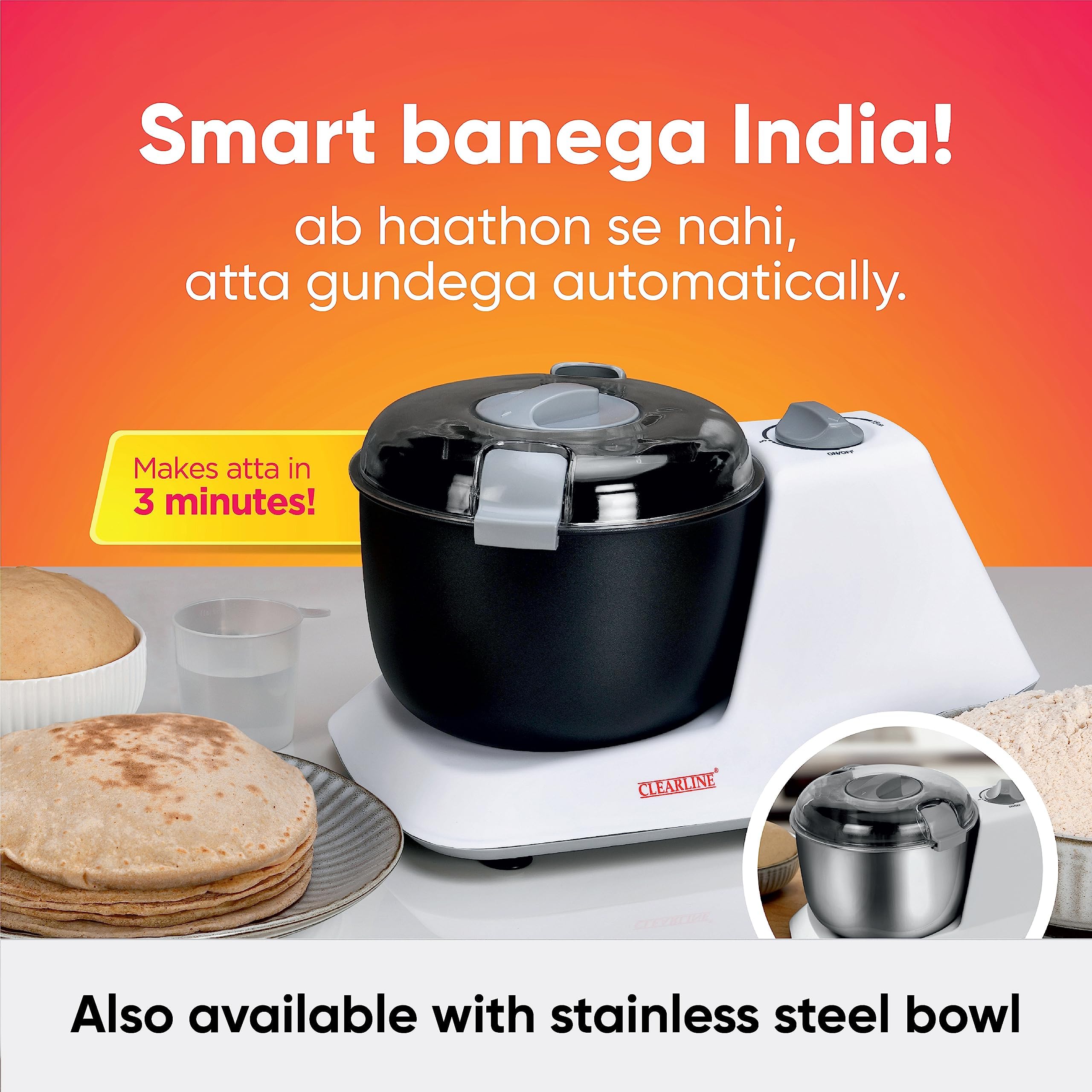Clearline Automatic Electric Atta Kneader Dough Maker With Non Stick Bowl, Smart Atta Kneader Mixer And Dough Kneader Machine, D