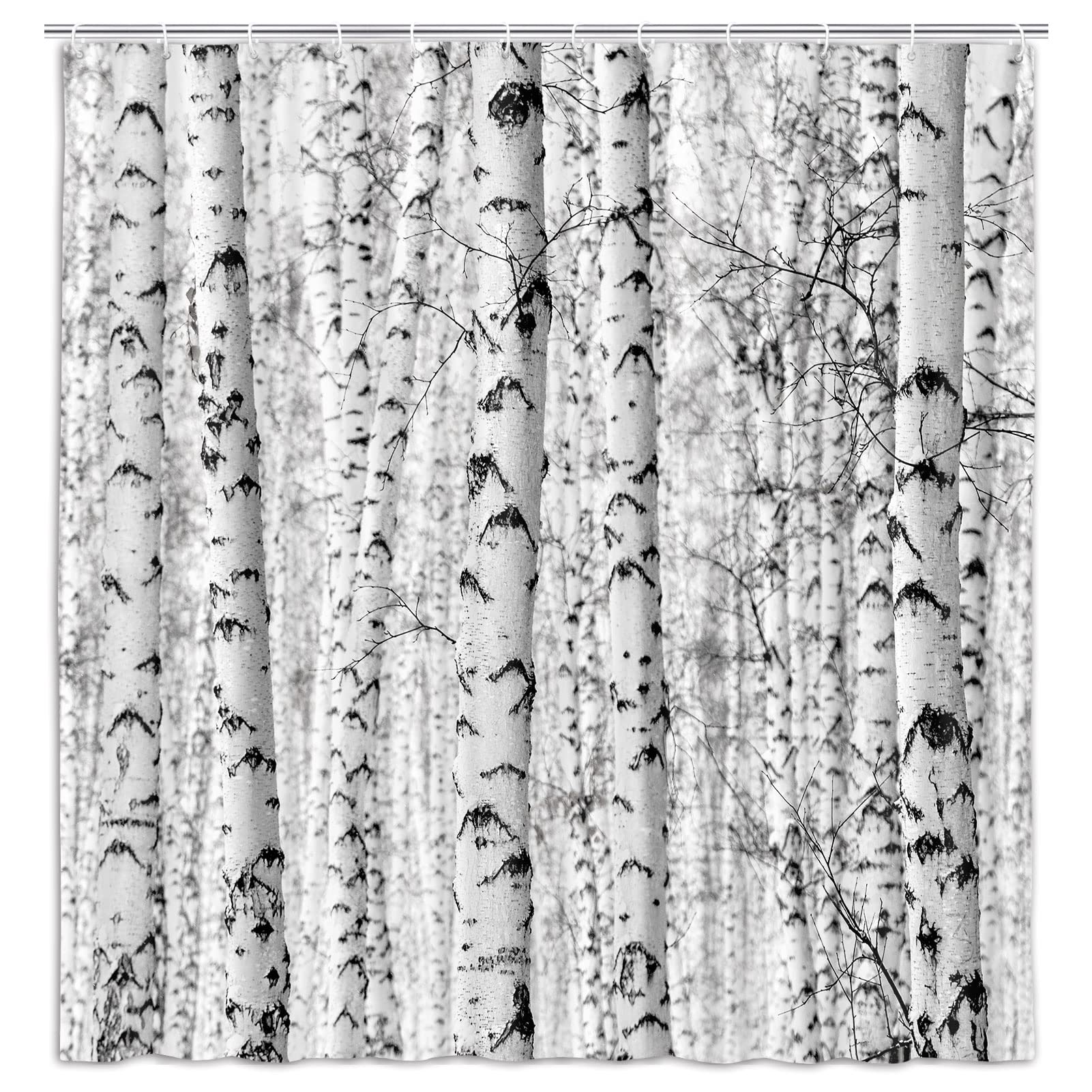 Wathon Birch Trees Shower Curtain, Grey Polyester, 72"x72", Rustic Winter Forest Design, Includes Hooks, Bathroom Decor