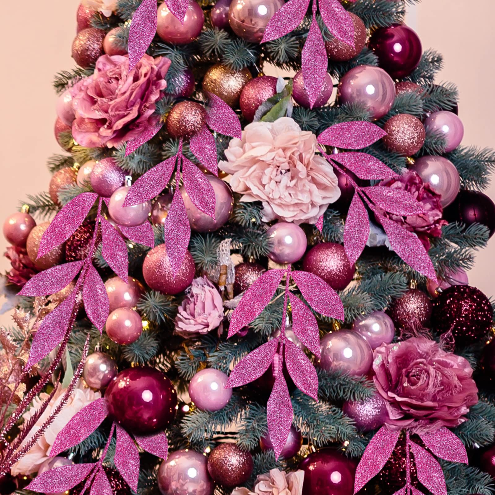 Winlyn 40 Pcs Pink Glitter Bay Leaf Sprays Artificial Christmas Tree Picks 12.7 Tall for Pink Christmas Tree Wreath Swag Floral