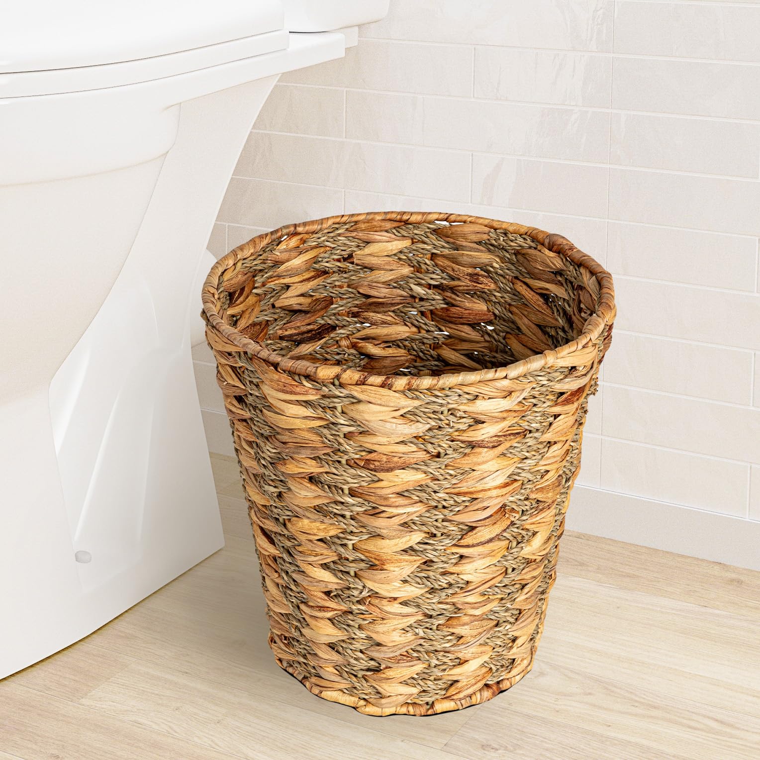Household Essentials Water Hyacinth And Seagrass Round Waste Basket, Natural