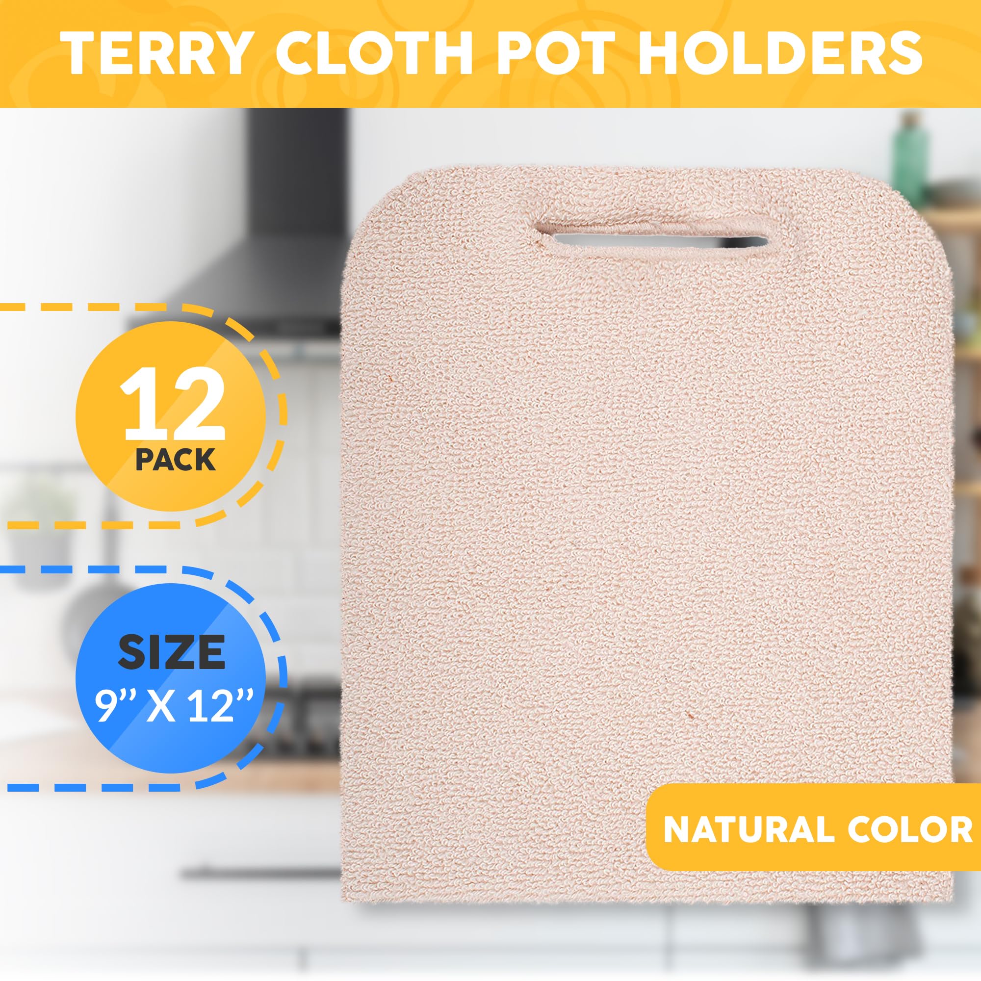 Pack of 12 Terry cloth Bakers Pads Pot Holders with Hand Hole Industrial Oven Pads for Heat care Heat Resistant Knitted Pads for Baking cooking Needs Natural color One Size fits All(D0102HI5P4A)