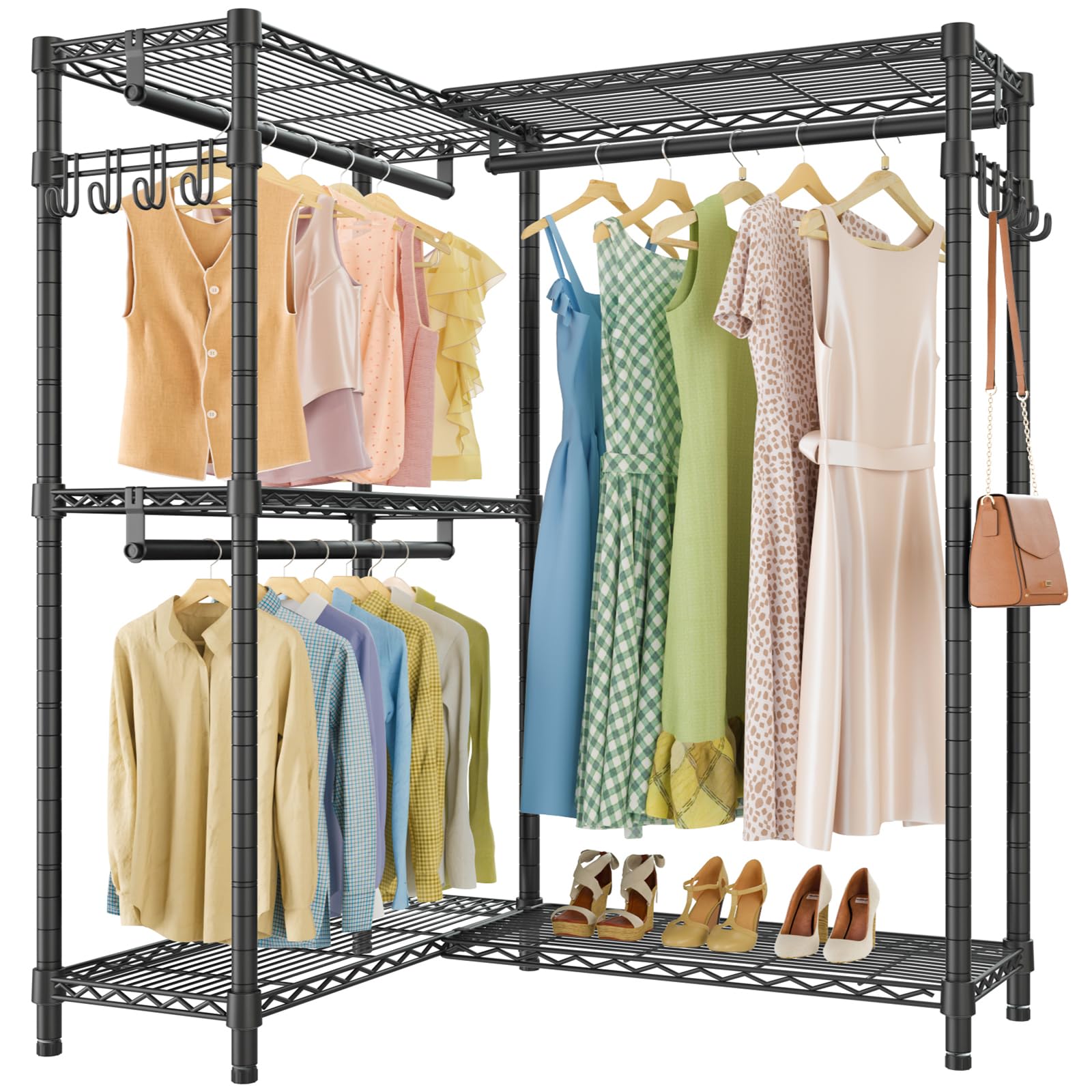 Vipek L4 Garment Rack L Shaped Clothes Rack For Corner, Freestanding Portable Wardrobe Closet Heavy Duty Clothing Rack With 3 Ha