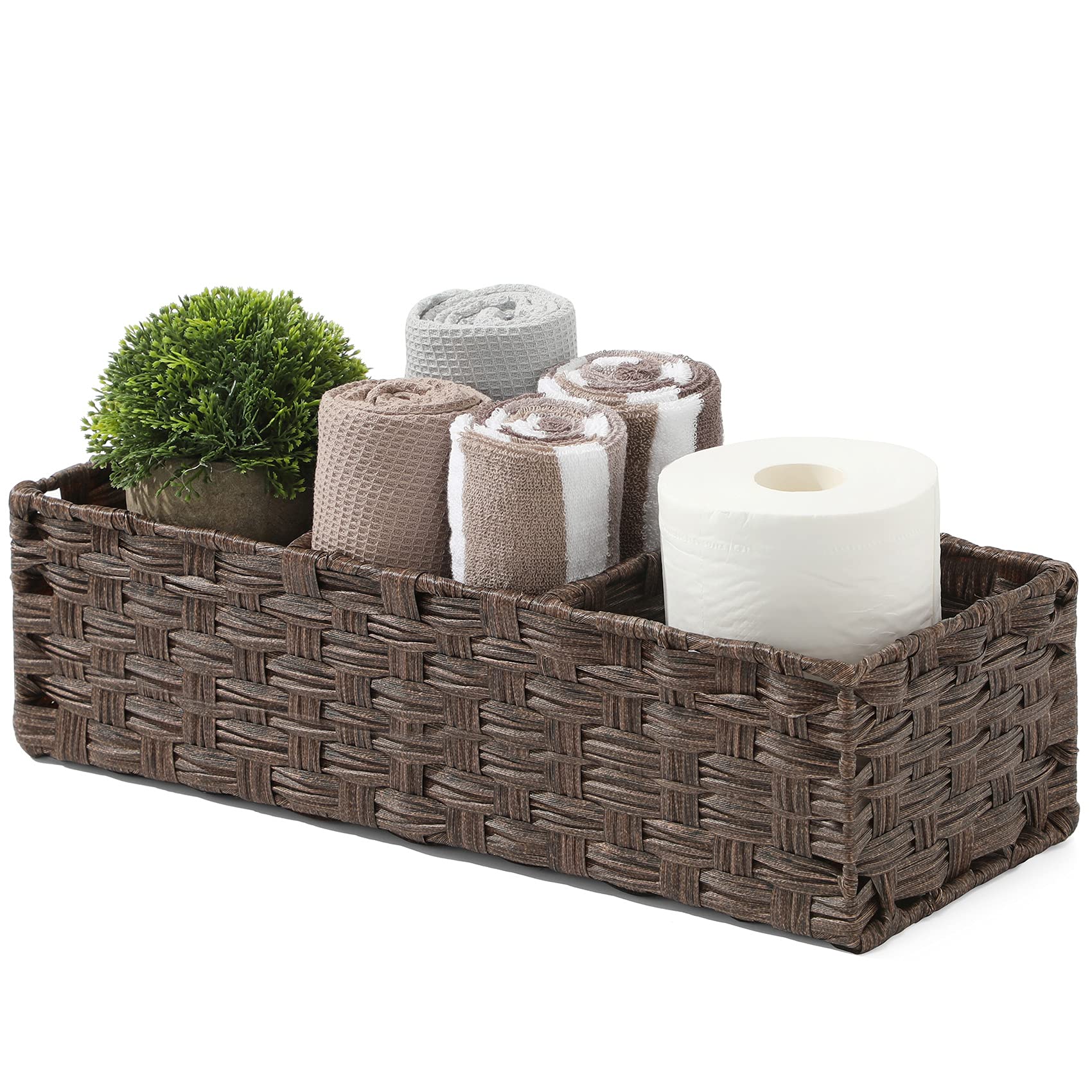 [Larger Compartments] Toilet Tank Topper Paper Basket - Multiuse Hand Woven Plastic Wicker Basket With Divider For Organizing, R