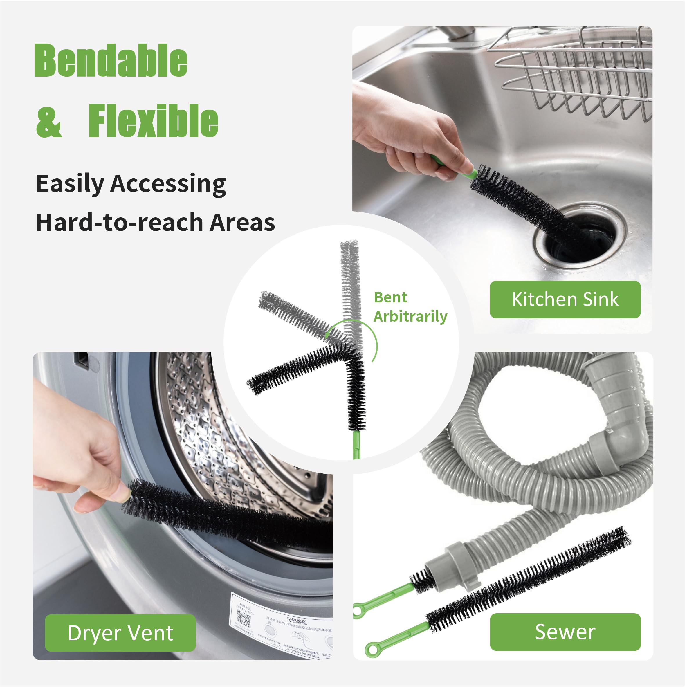2Pcs Upgraded Drain Clean Brush Set, Extended Dryer Lint Removal Brush, Hard Bristle For Bathroom/Toilet/Sewer, Get Rid Hair And
