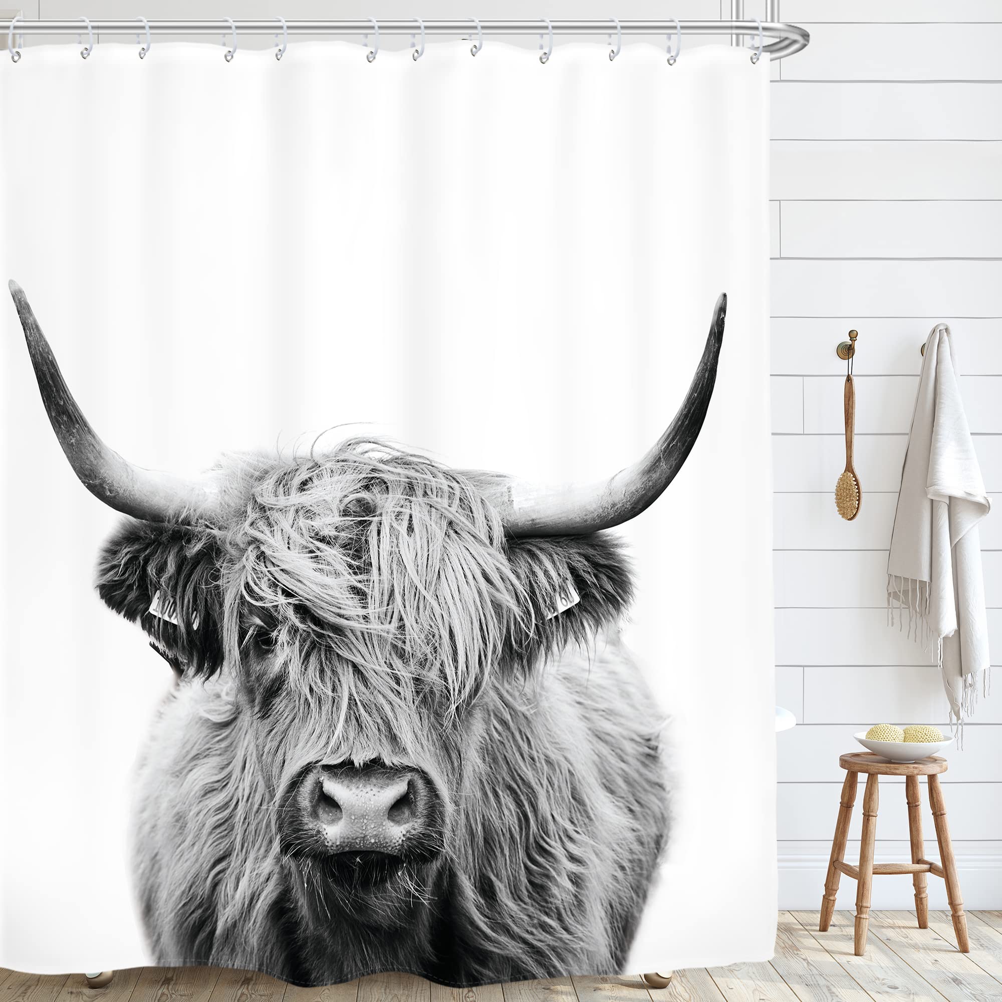 Ambzek Farmhouse Highland Cow Shower Curtain 60Wx72L Inch Rustic Bull Portrait Western Cattle Country Restroom Accessories Funny
