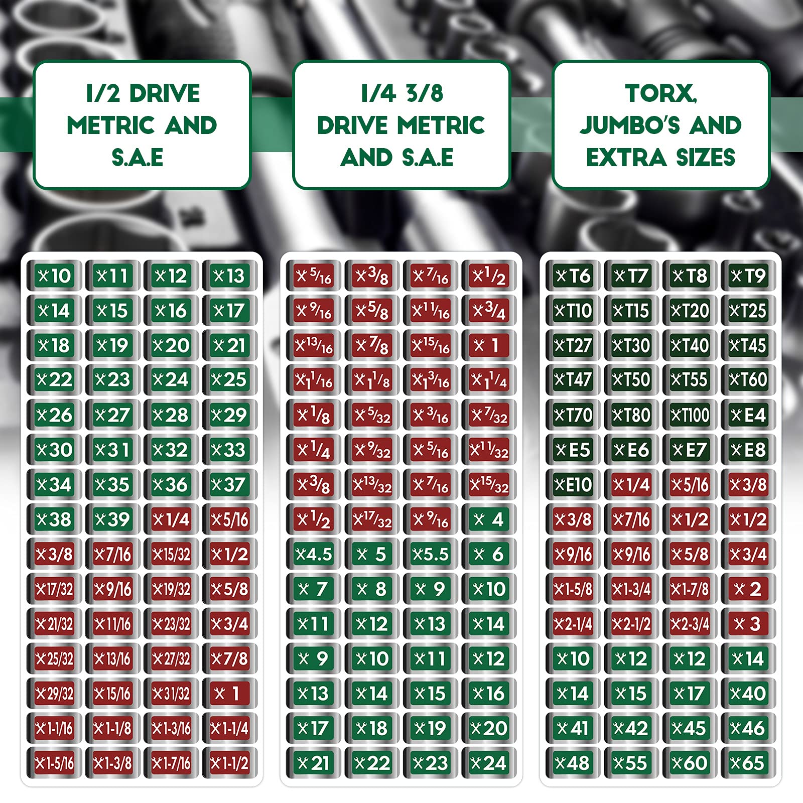 Tool Box Labels  180 Pieces  Toolbox Stickers and Decals Label  Wrench Size Labels  Chrome Socket Labels  Socket Size Stickers  Chrome Foil Labeling Set for Socket Sets Tools  3 Colors