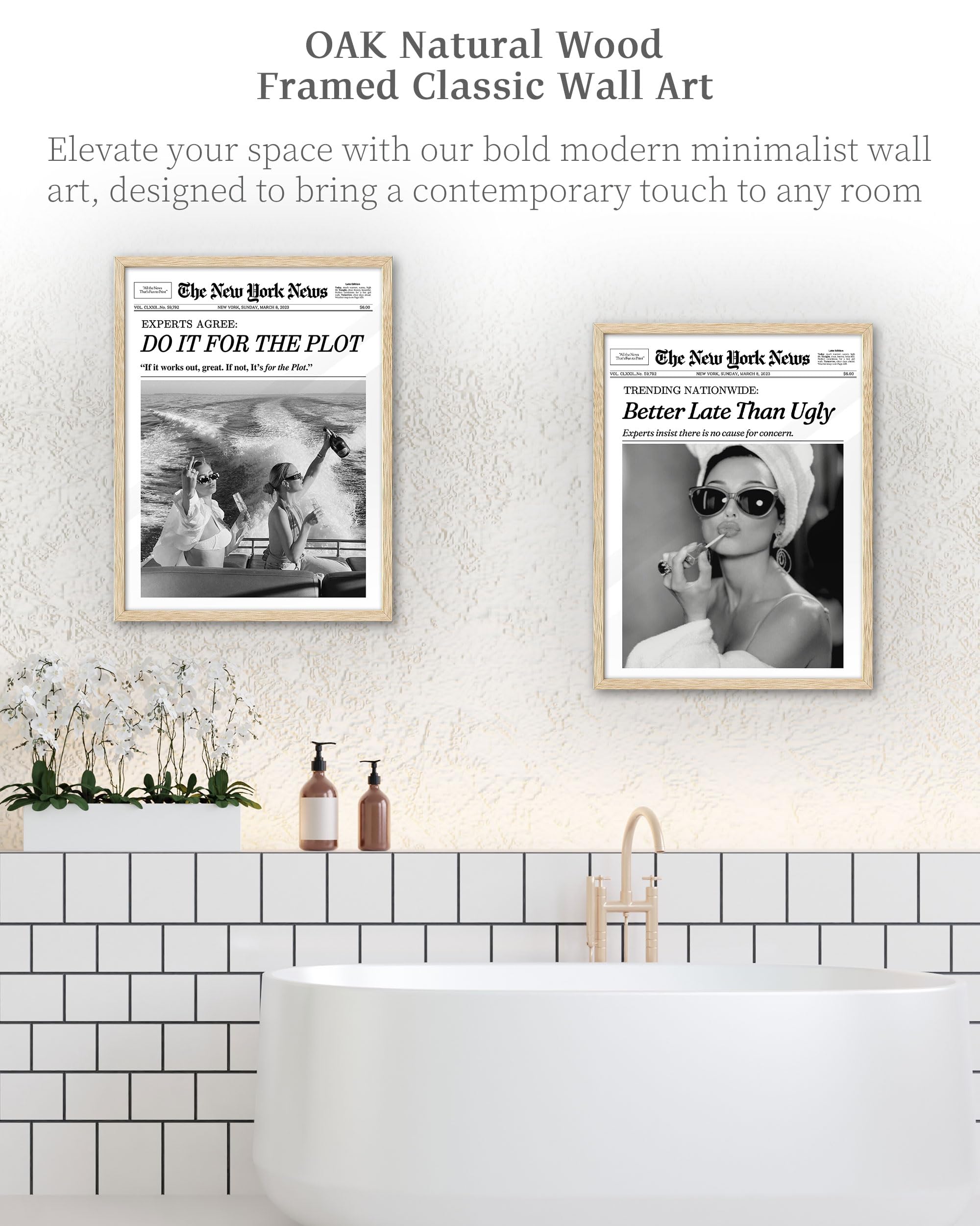 Ihery Natural Oak Wood Hepburn Newspaper Trendy Framed Wall Art, 12X16 In Vintage Headline Canvas Print, Beige Logs Retro Bathro