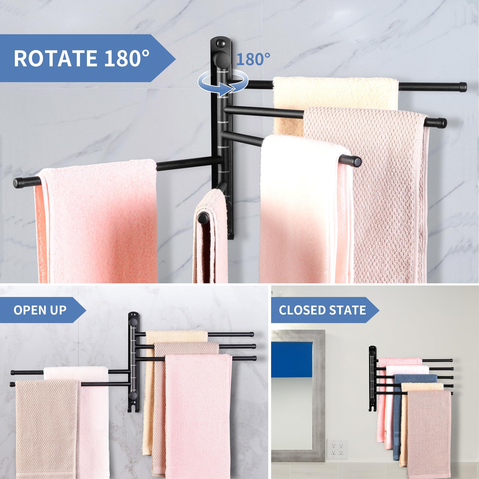 Swivel Towel Rack, Towel Bar With Wall Mounted 180 Rotation, 5 Arms Towel Hanger Sus 304 Stainless Steel, Space Saving For Kitch
