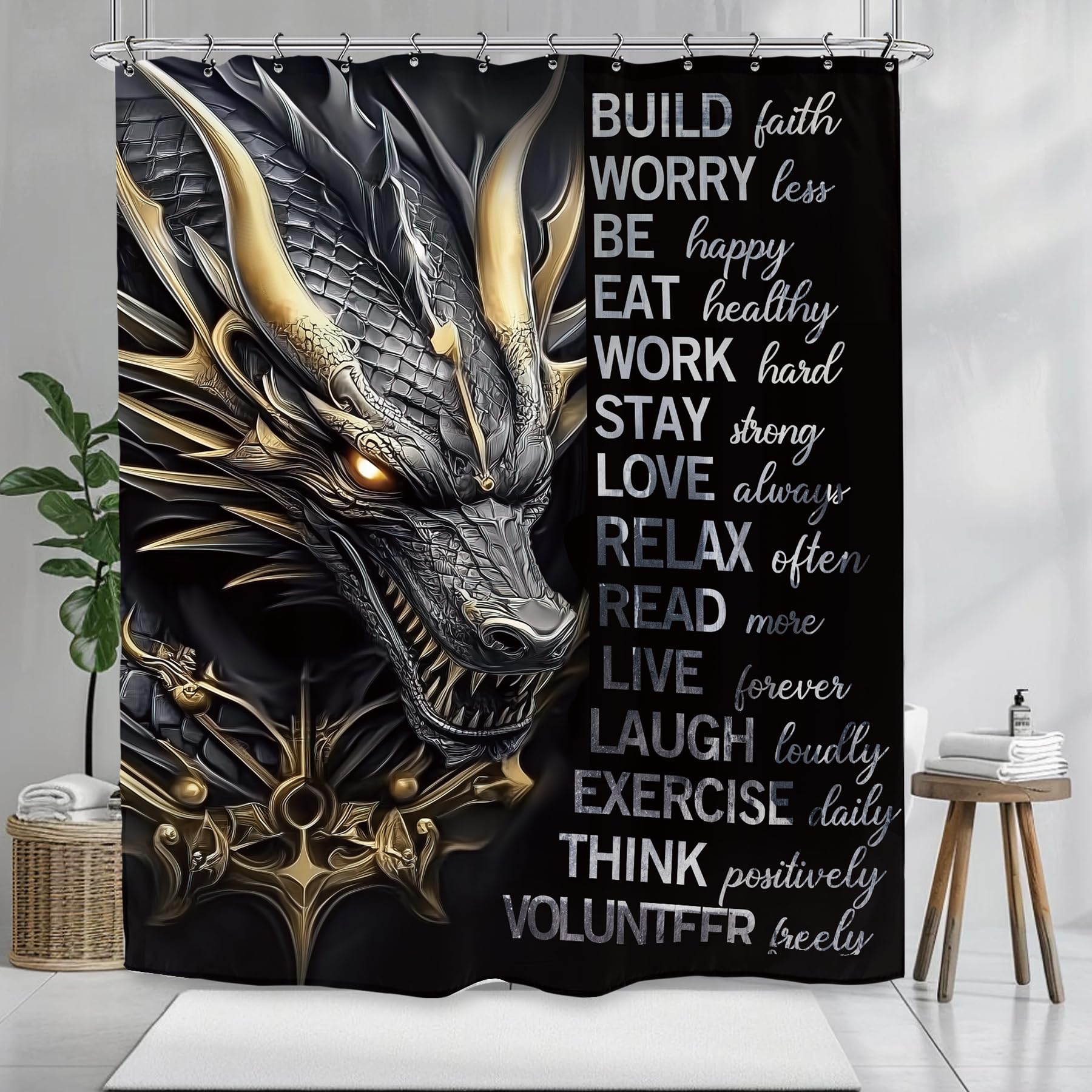 Kalmico Dragon Man Black Gold Shower Curtain 60Wx72L Inch Motivational Inspirational Quotes Positive Cool Teen Boys Bathroom Set