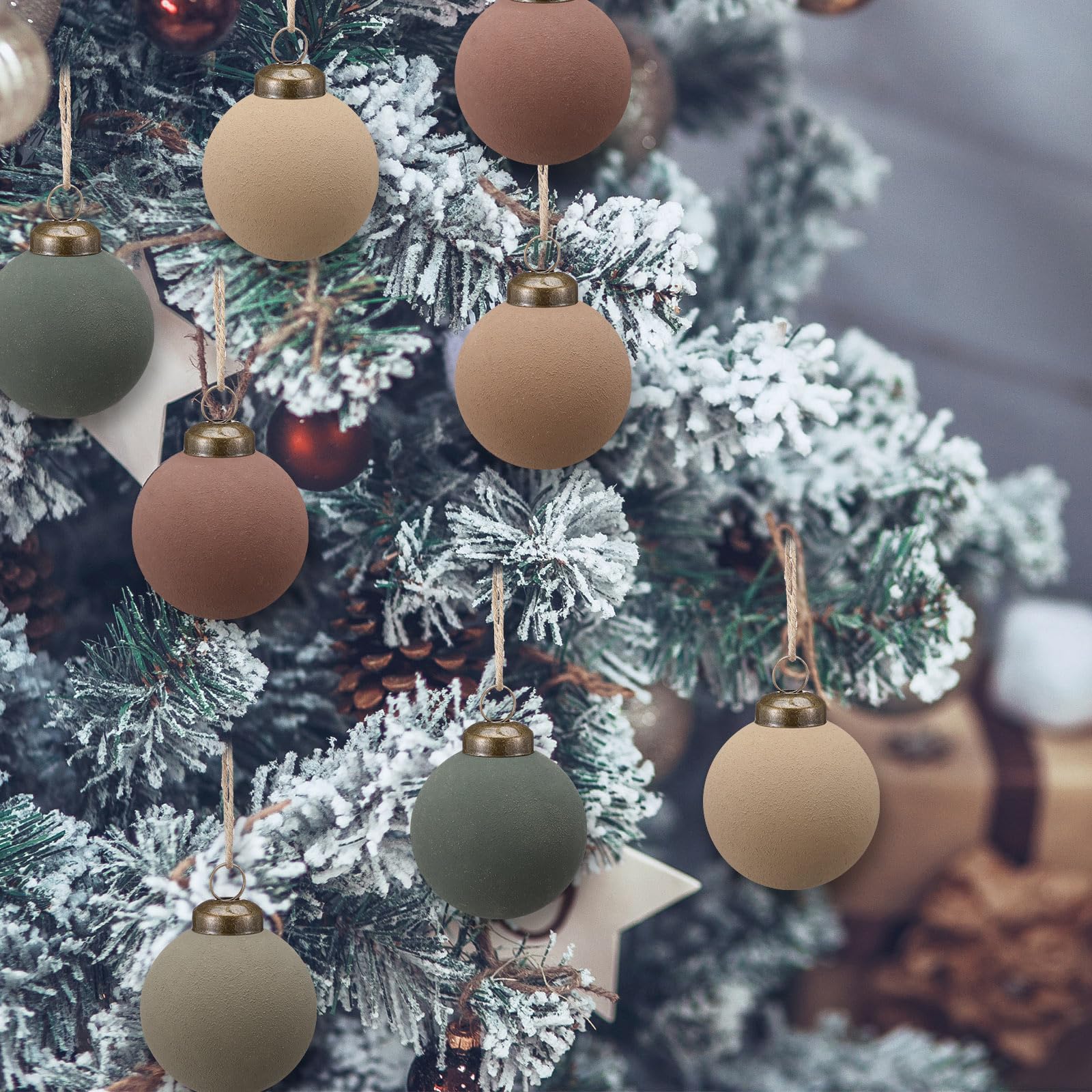 15 Pcs Neutral Matte Christmas Ball Ornaments 2.36'' Textured Rustic Boho Brown Taupe Pine Green Xmas Ball Ornaments Modern Chri