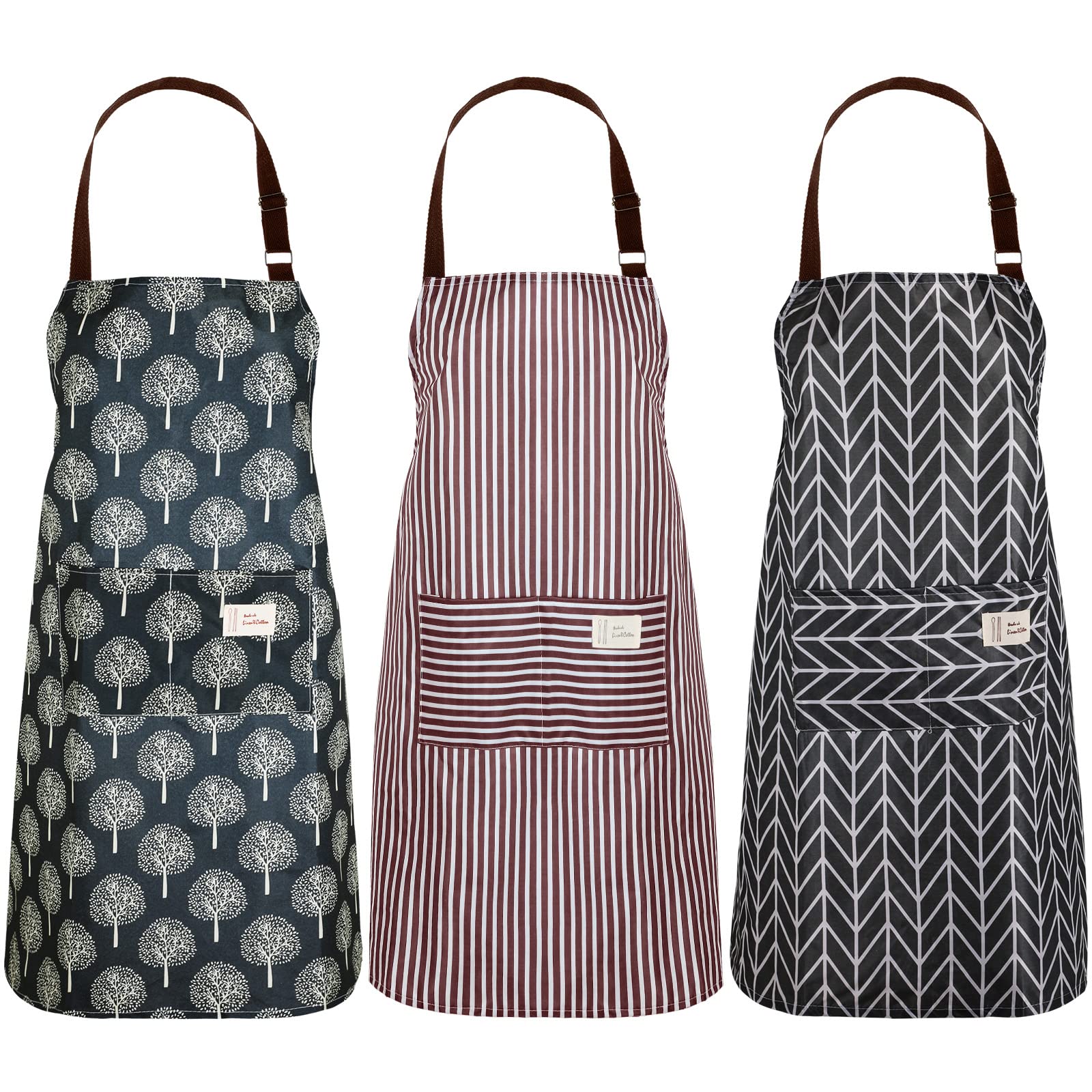 SATINIOR 3 Pieces Waterproof Bib Apron with Pockets Adjustable Cooking Aprons for Women Chef Adults Baking Cleaning(Black,Brown,