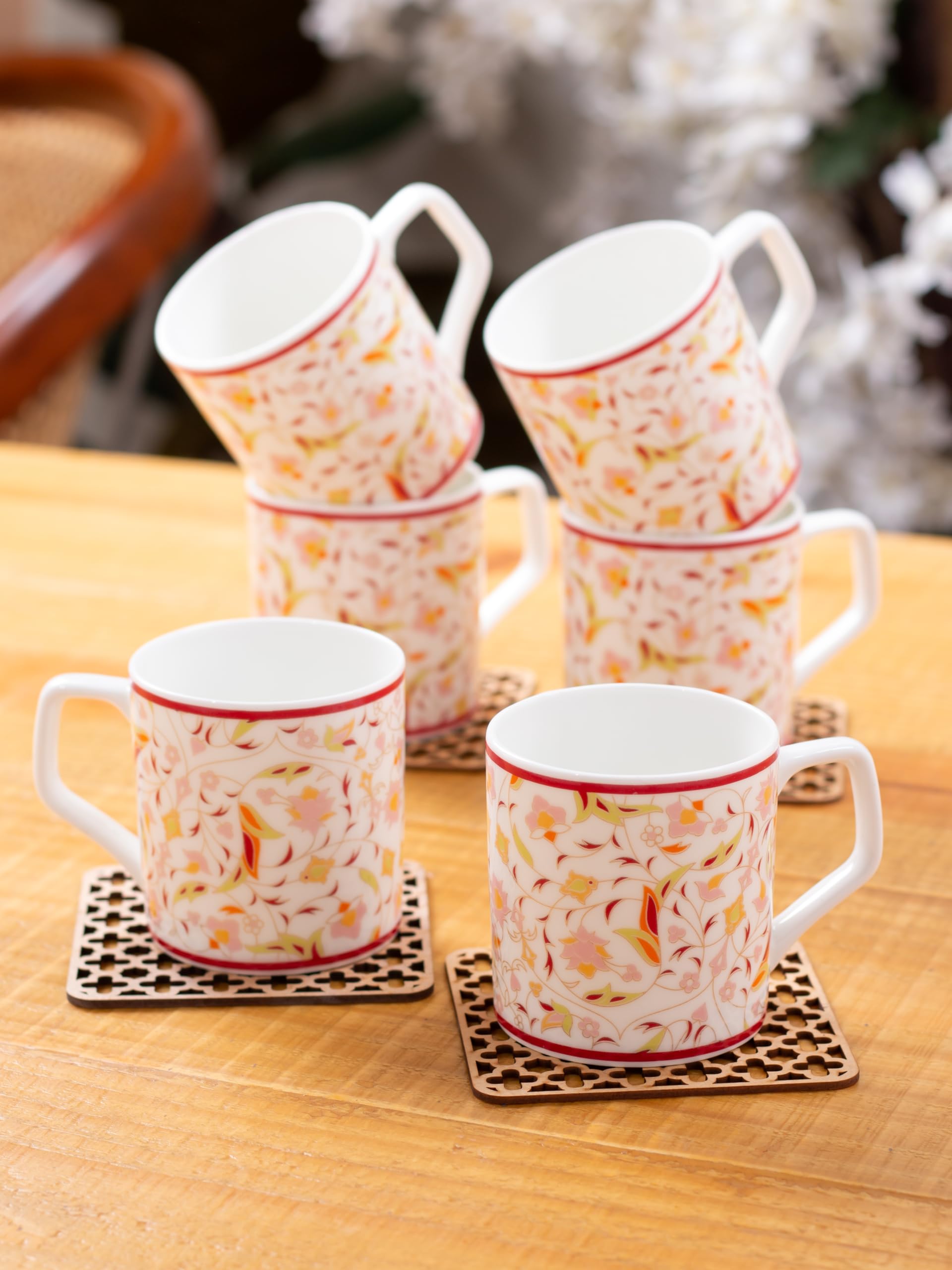 Clay Craft Fine Ceramic Tea/Coffee Cup Set Of 6-200 Ml Each (Hilton H309), Tea Cup Set Of 6, Microwave & Dishwasher Safe, Mugs F
