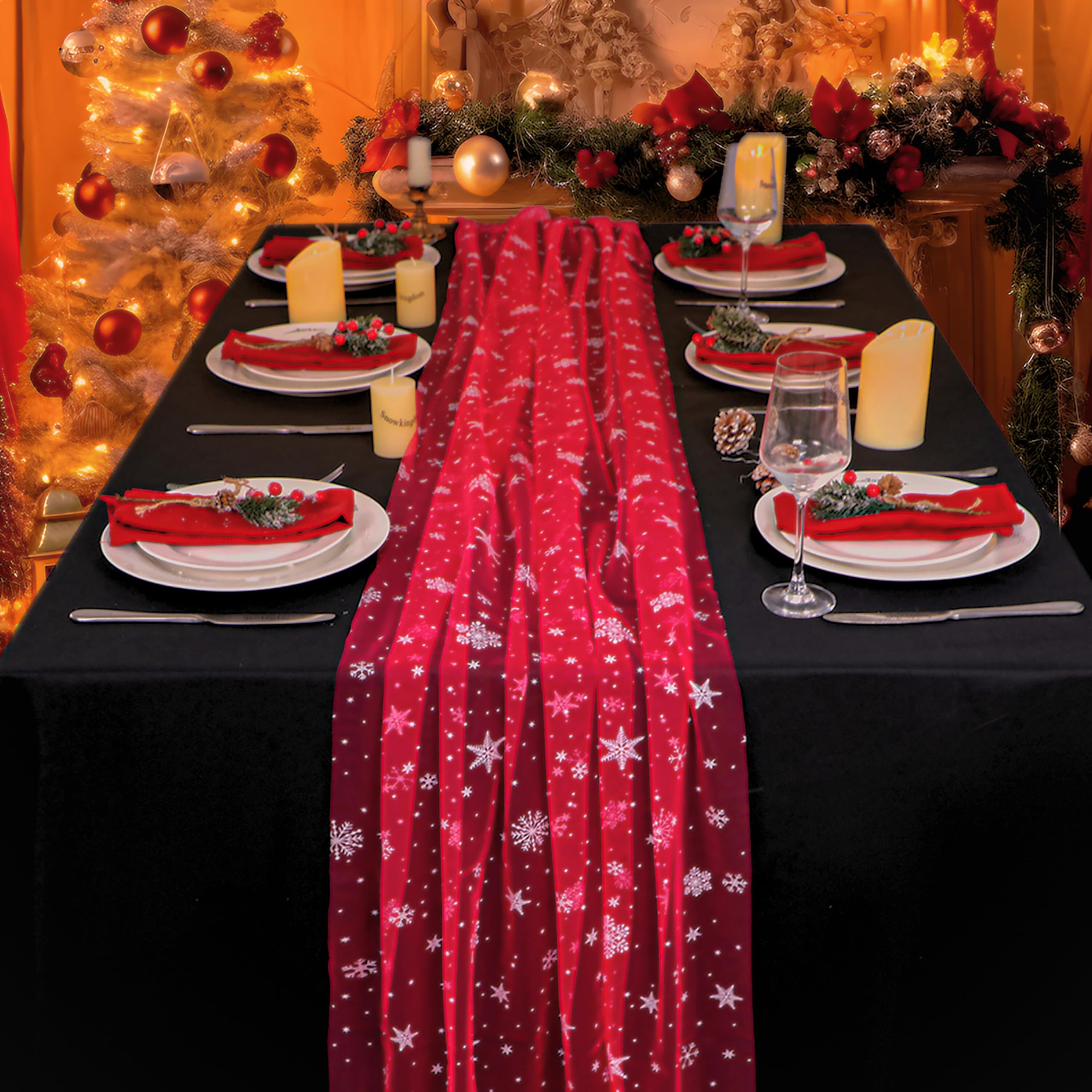 Snowkingdom Red Christmas Table Runner, Red and White Snowflakes Cheesecloth Table Runner, Chiffon Gauze Seasonal Winter Kitchen