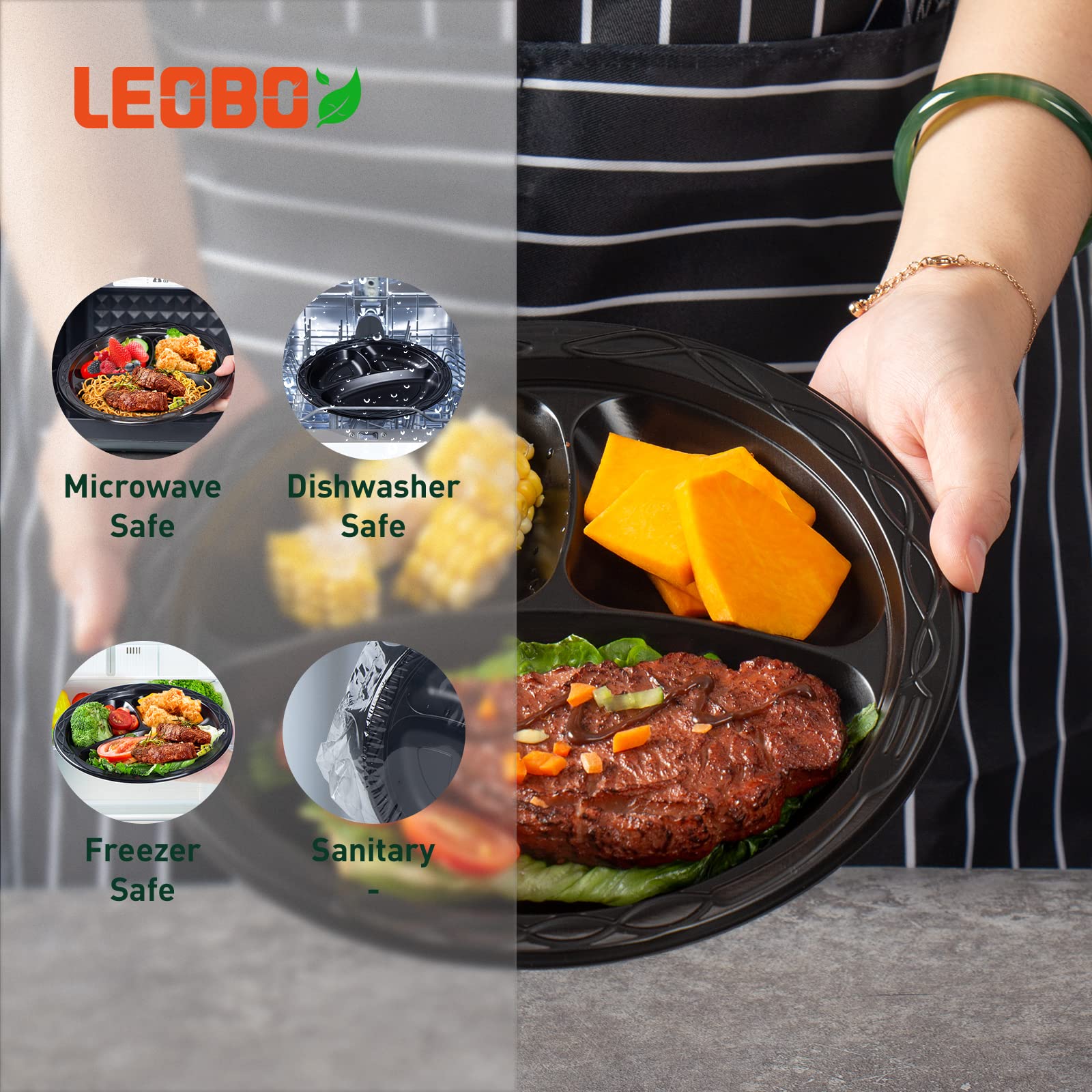 Leobox Plastic Plates, Reusable 150 Pack 9 Inch Plastic Dinner Plates 3 Compartment Heavy Duty Microwave Mfpp Plates