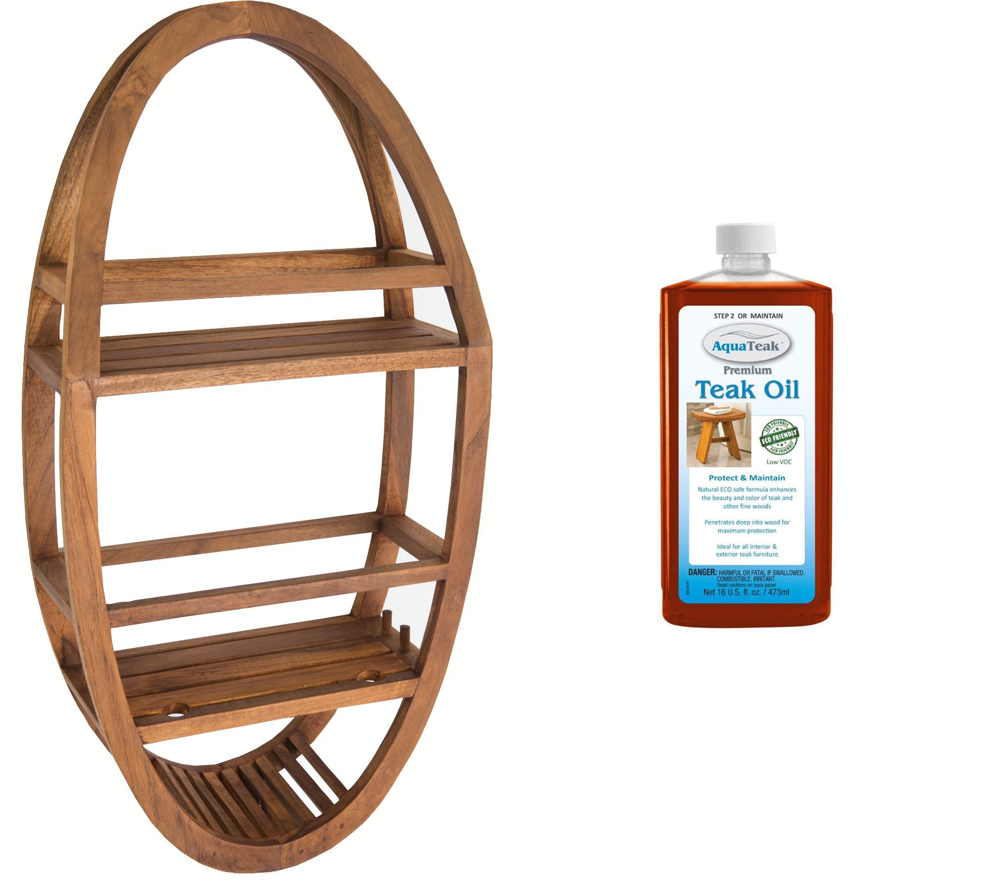 Aquateak Patented Moa Oval Teak Shower Organizer Premium Teak Oil