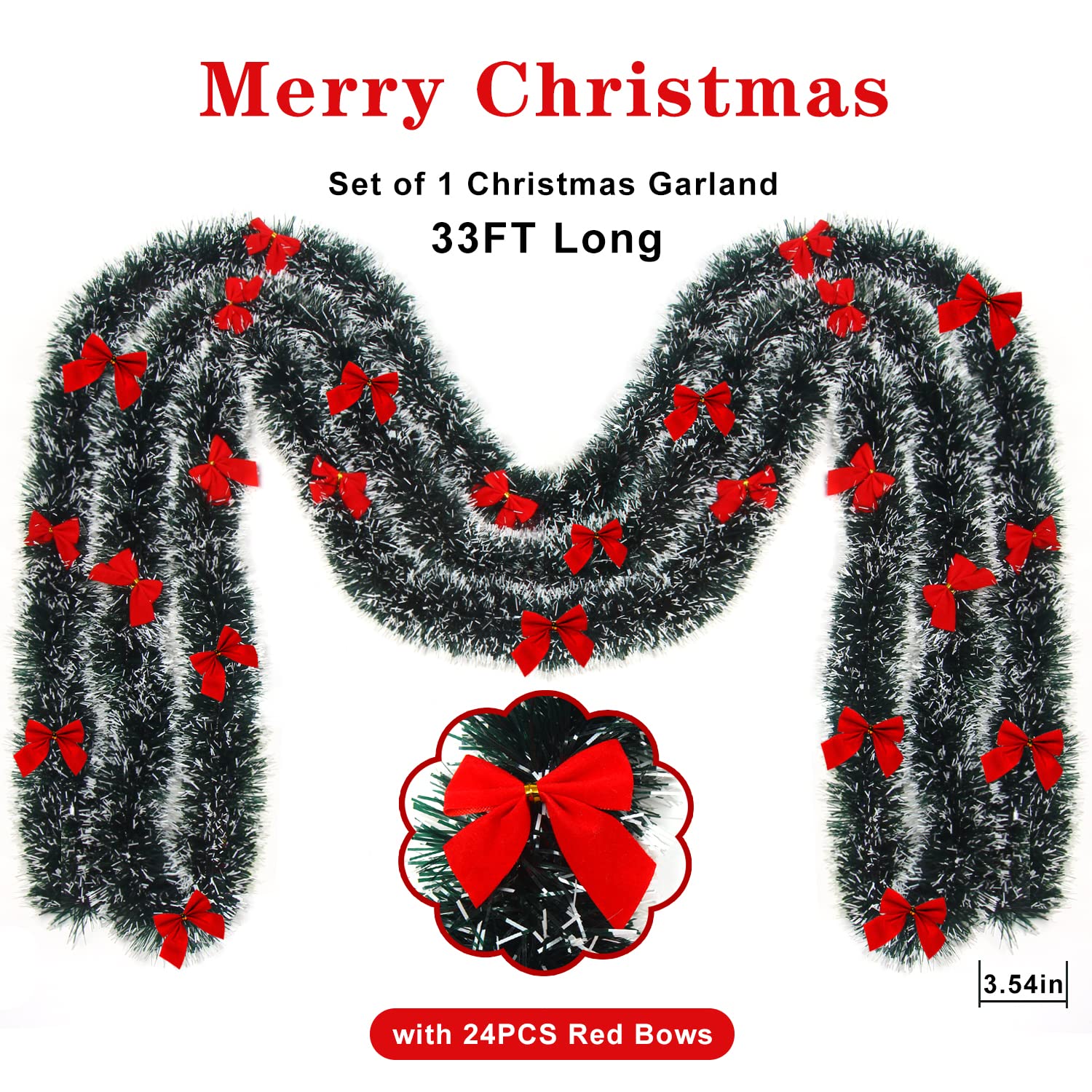 CCINEE 33Ft Christmas Tinsel Garland with Snow and 24 Red Bows for Xmas Decorations