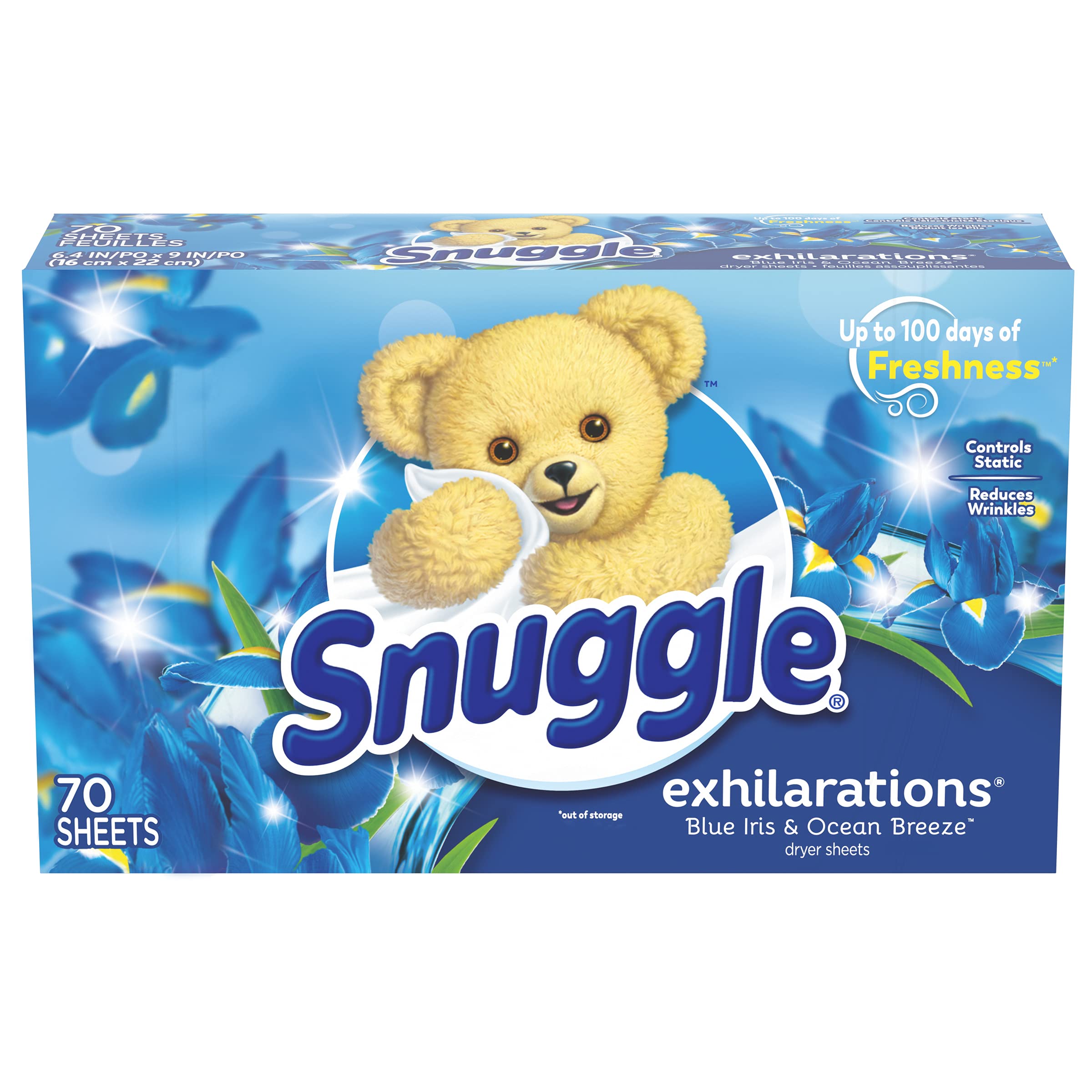 Snuggle Exhilarations Fabric Softener Dryer Sheets, Blue Iris  Ocean Breeze, 70 count