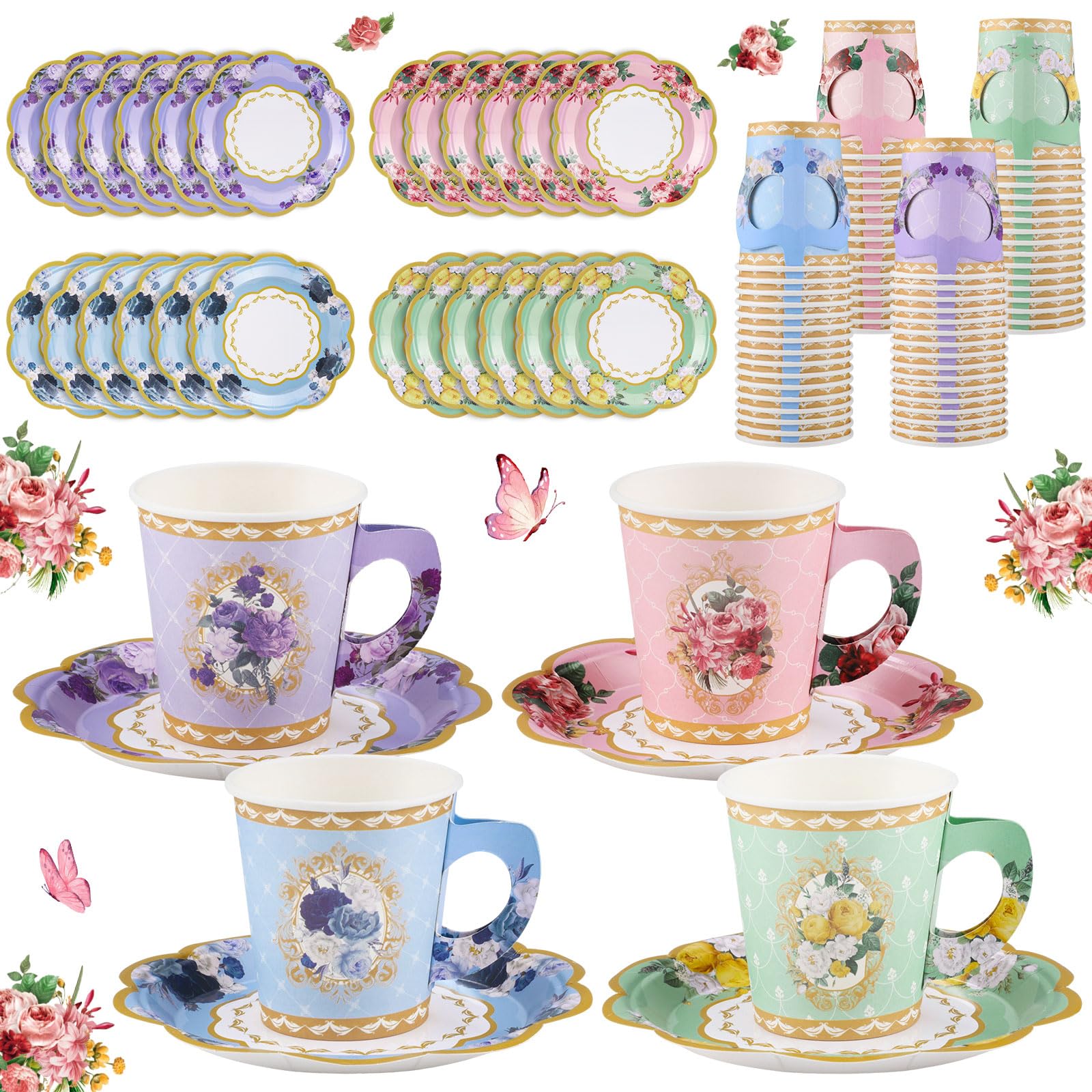 NatNarr 128 Pcs Disposable Paper Tea Cups, 7 OZ Floral Tea Party Cups