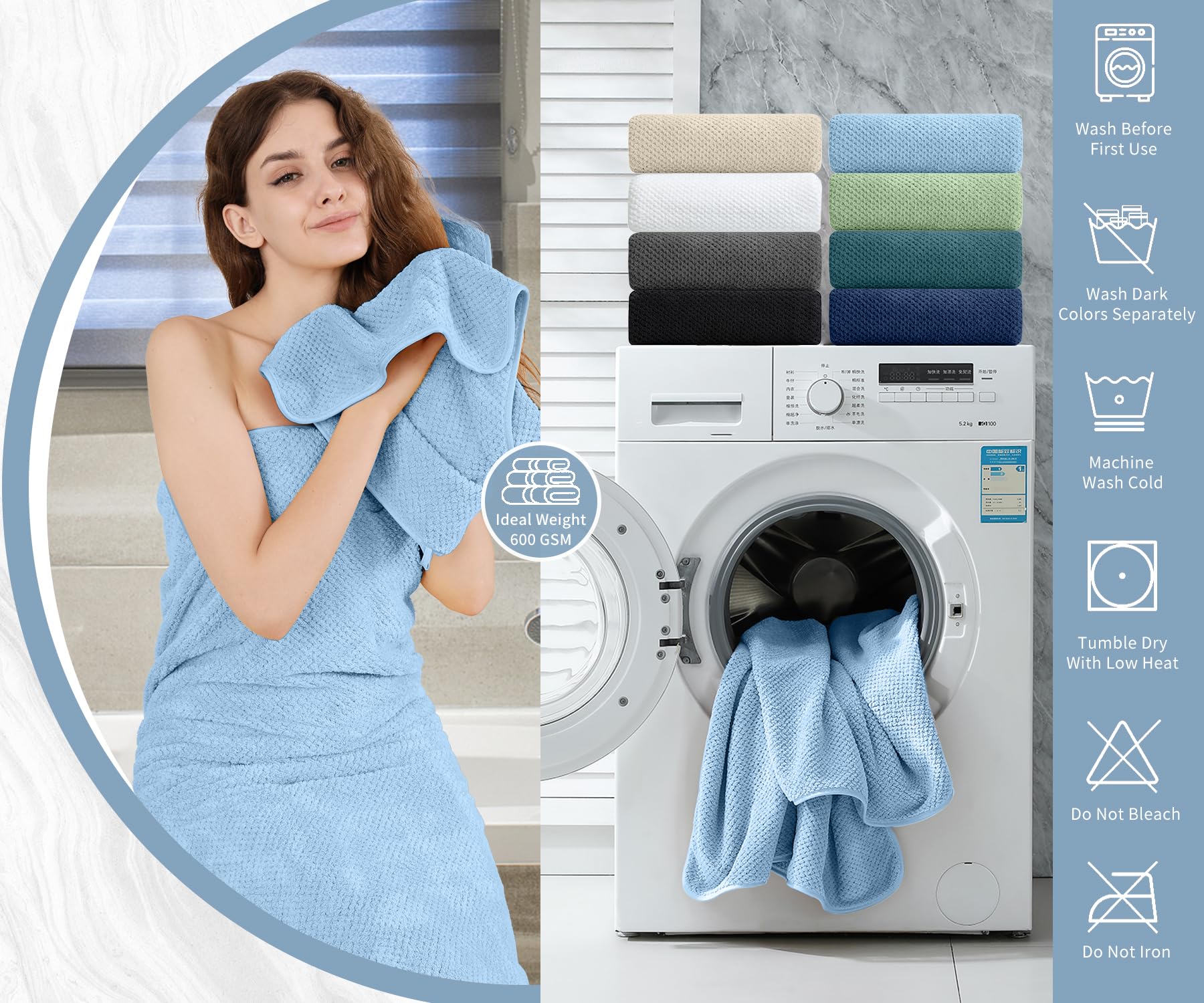 8 Piece Bathroom Towel Set Blue |2 Oversized Large Bath Towels Sheet,2 Hand Towels And 4 Washcloths| 600Gsm Ultra Soft Luxury Pr