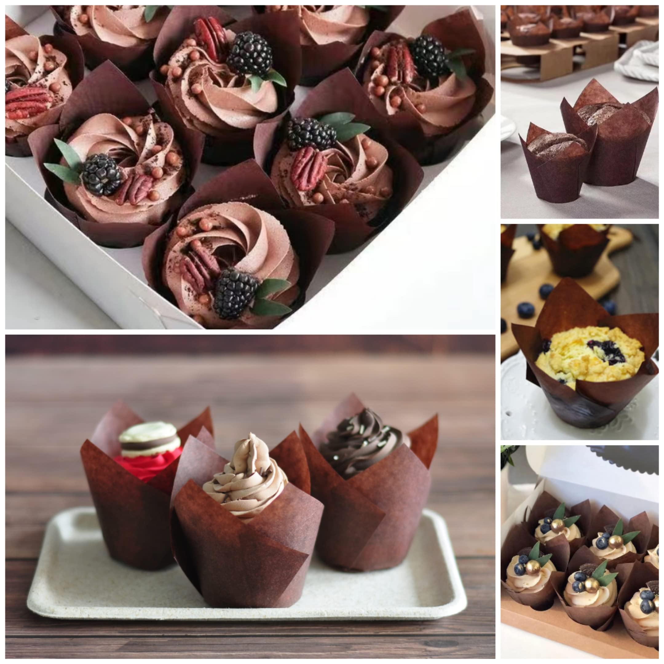 MyBakning Brown Tulip Baking Cups - Extra Large Greaseproof Paper Muffin Liners, 2-1/4" Base Diameter, 4" Wall Height, Case of 130 pcs