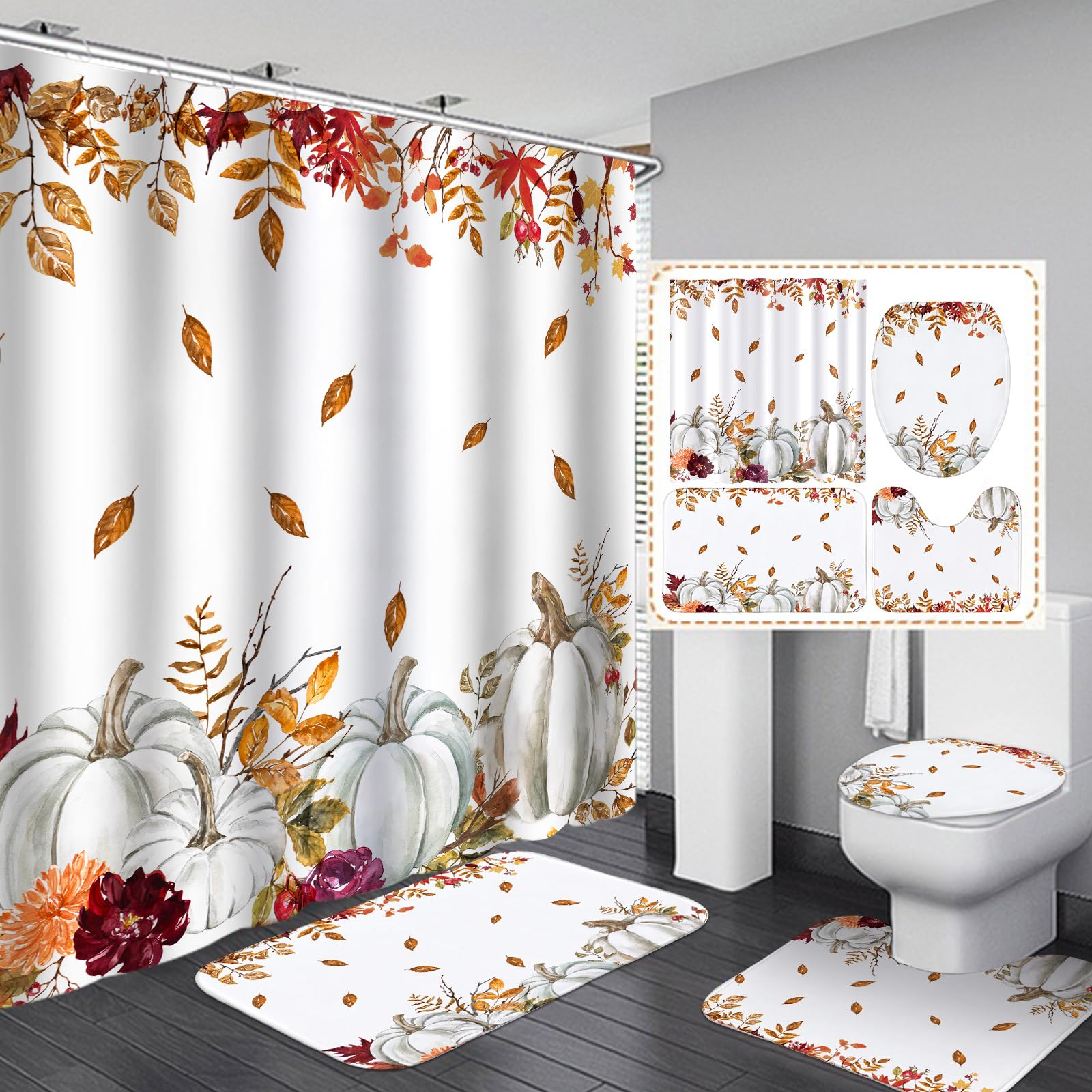 Drydiet Fall Shower Curtain Sets Colorful Non Slip Rugs Toilet Lid Cover Bath Mat And 12 Hooks Fall Bathroom Decor Shower Curtai