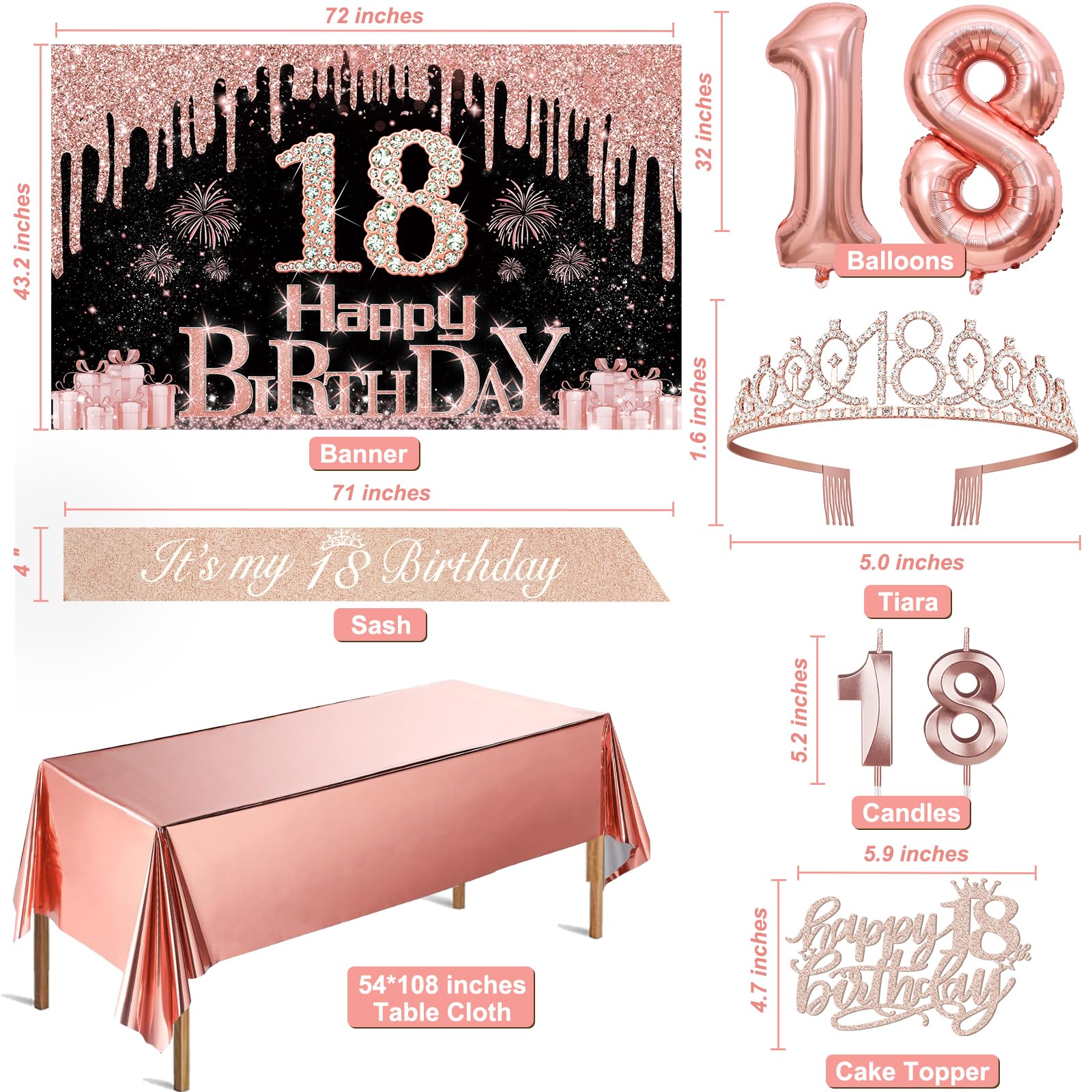 18Th Birthday Decorations For Girls With Banner, Rose Gold Tablecloth, Number Balloons, 18Th Birthday Sash And Tiara, Cake Toppe