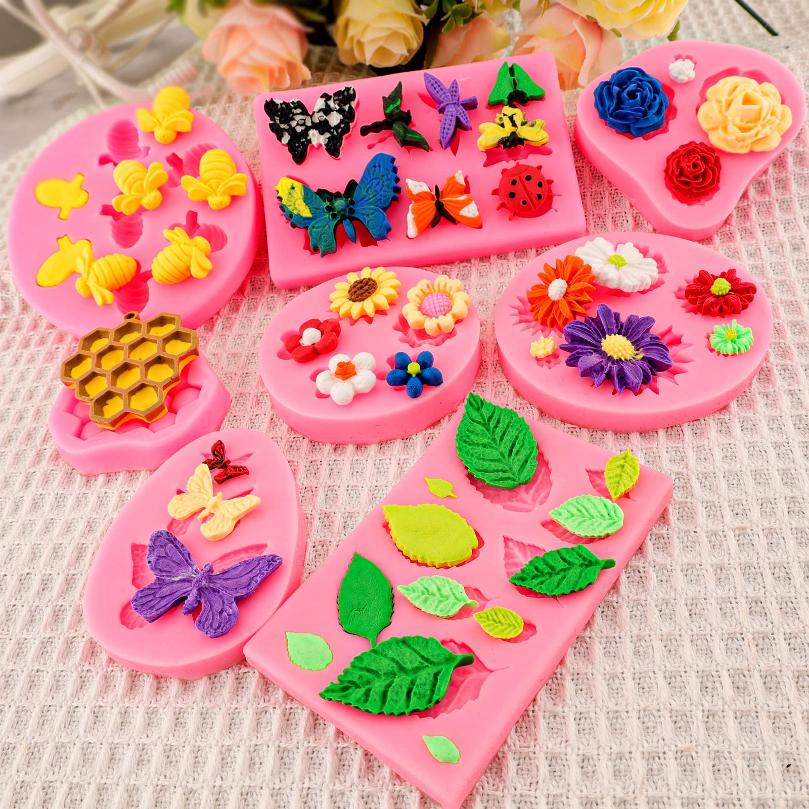 Silicone Mold Flower 8Pcs Chocolate Fondant Polymer Clay Candy Gummy Mold,Rose Leaf Butterfly Bee Honey Shaped Silicone Molds Fo
