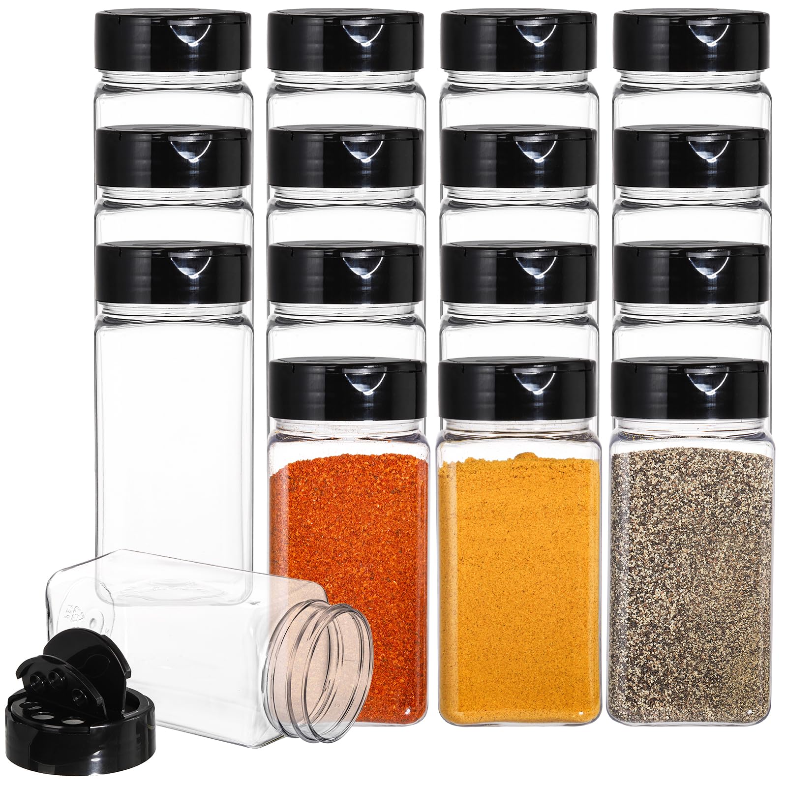 Bekith 16 Pack 9 Oz Plastic Spice Jars With Black Cap, Plastic Spice Bottles Empty Seasoning Containers For Storing Spice, Herbs