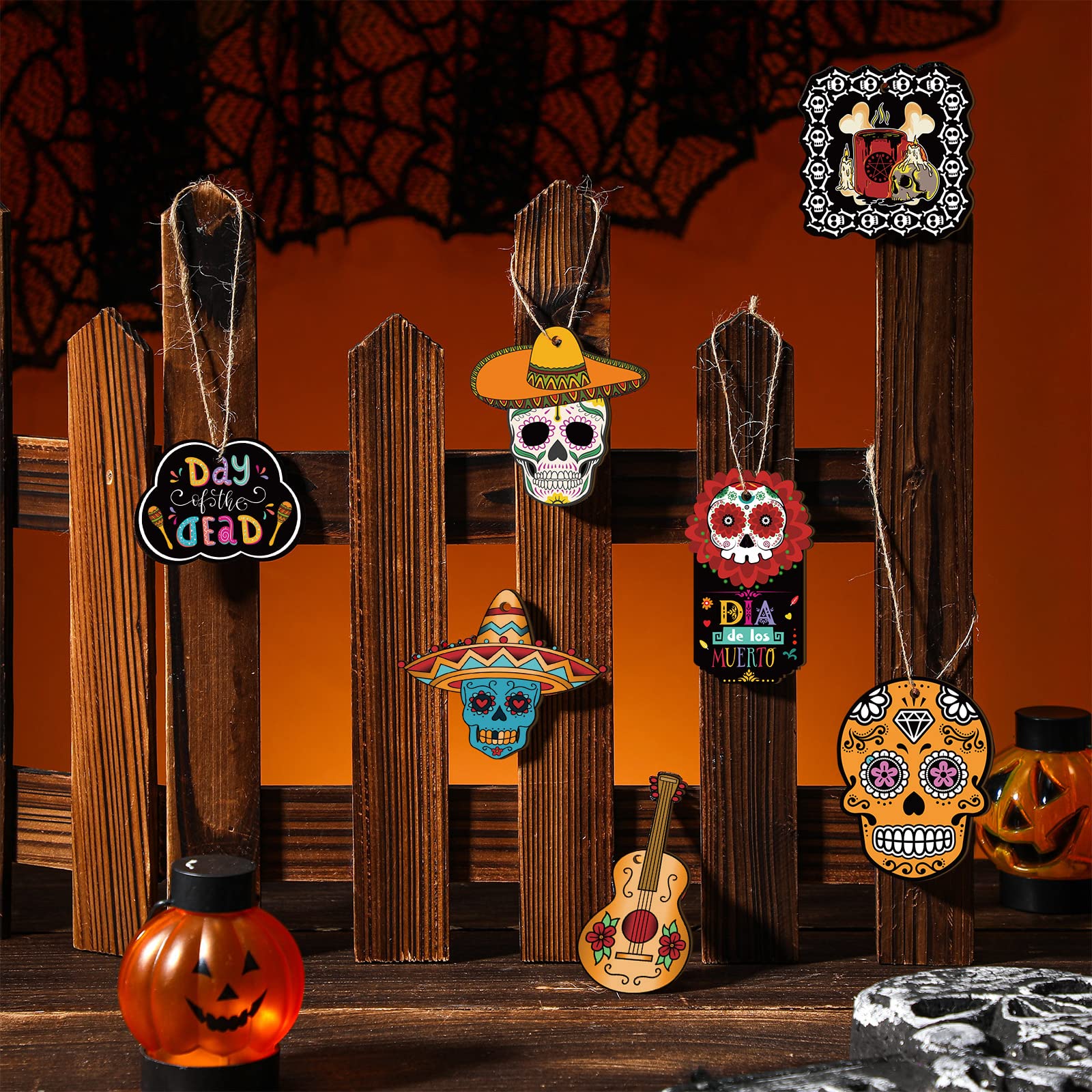36 Pieces Day of The Dead Sugar Skull Halloween Wooden Ornaments Ghost Hanging Outdoor Skeleton Cats Wood Decorations for Mexica
