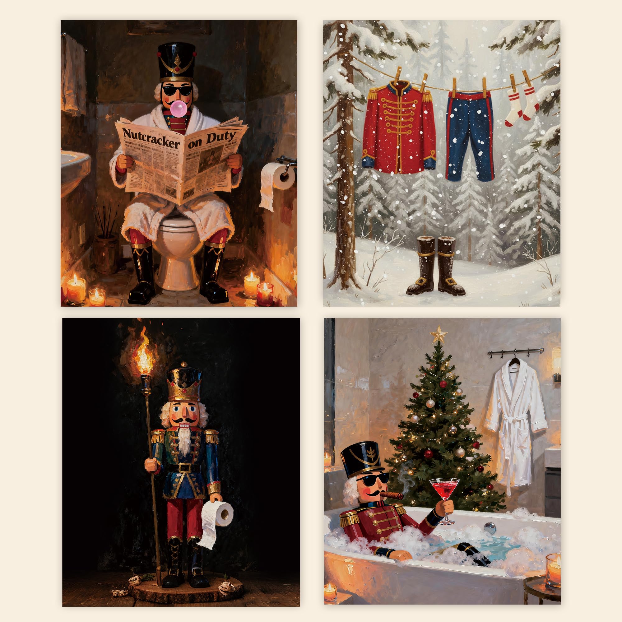 Poecinvi Funny Christmas Nutcracker Wall Art Prints Set Of 4, Funny Christmas Bathroom Decor, Nutcracker Posters Pictures Wall D