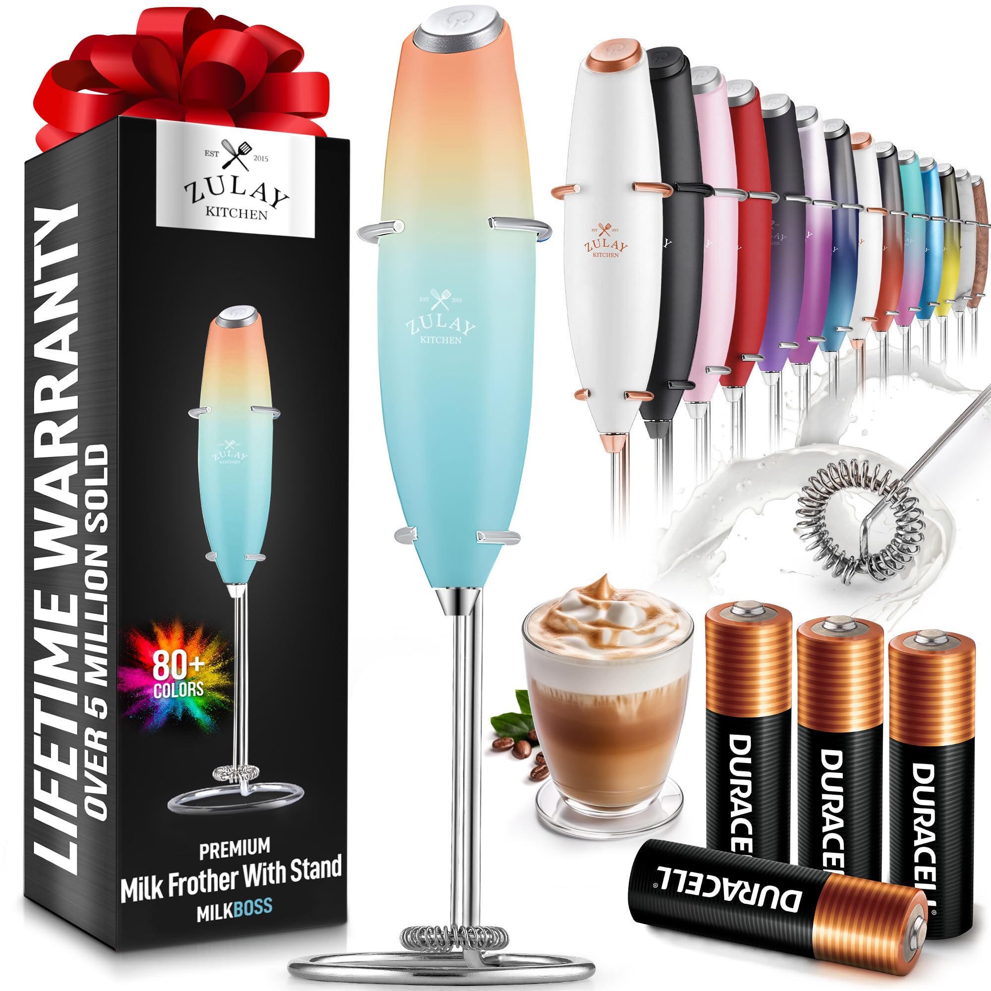 Zulay Powerful Milk Frother (4 Duracell Batteries Included) - Handheld Milk Frother Wand Drink Mixer For Coffee - Powerful Milk