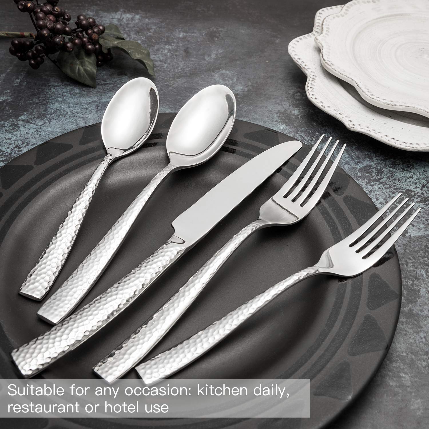 Kelenfer Flatware Set Silverware Cutlery Set Forged Stainless Steel 20 Piece Hammered Handle Service For 4
