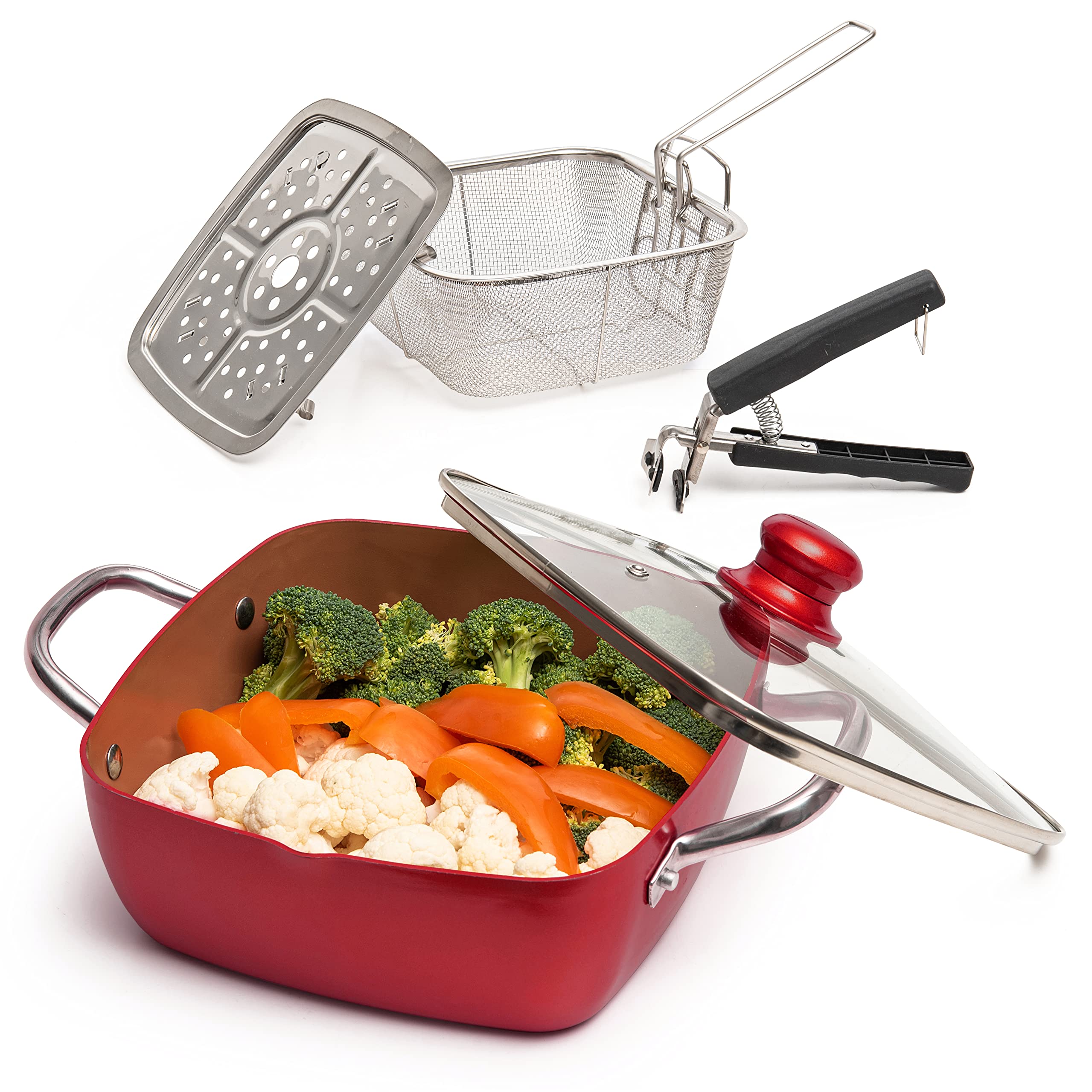 Moss & Stone Copper 5 Piece Set Chef Cookware, Non Stick Pan, Deep Square Pan, Fry Basket, Steamer Tray, Dishwasher & Oven Safe,