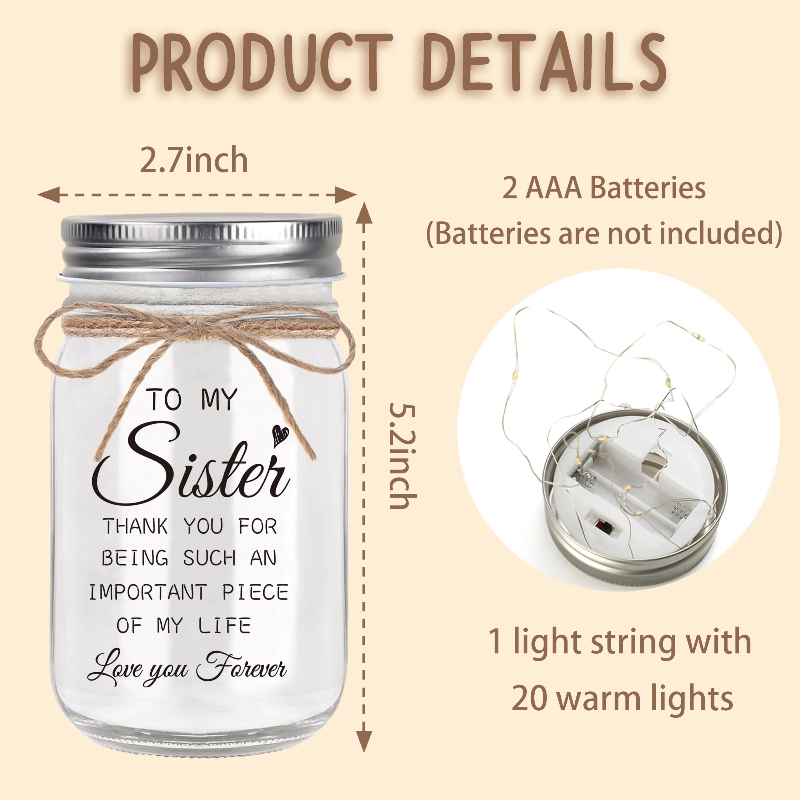 YOISTREVISK Sister Gifts - Mason Jar Night Lights with Warm Lights for Sisters, Unique Gifts for Sister Gift Ideas for Birthday