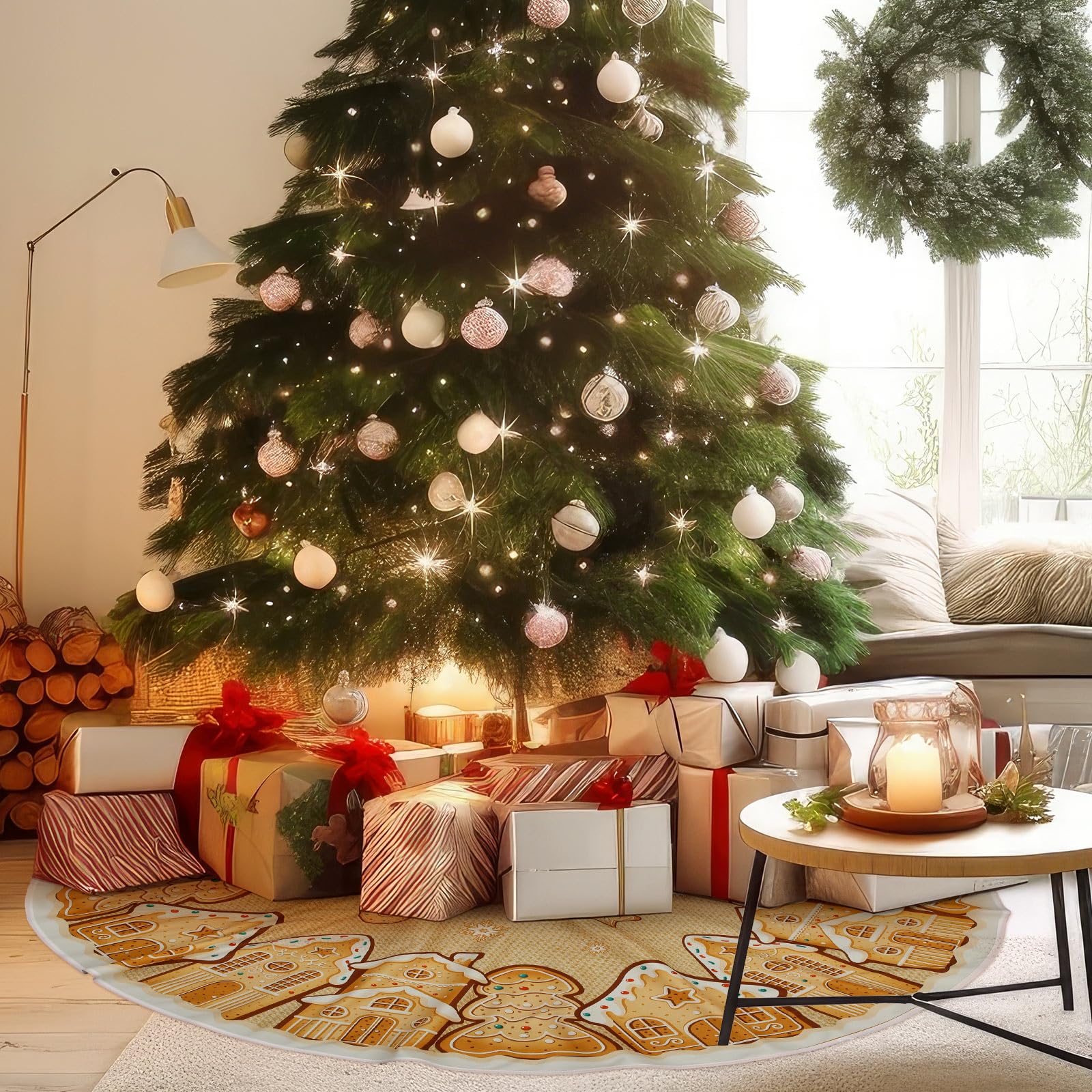 Motionchic 48 Inches Christmas Tree Skirt Gingerbread House Pattern Christmas Tree Mat Cookies Sugar Candy Ornaments Decorations