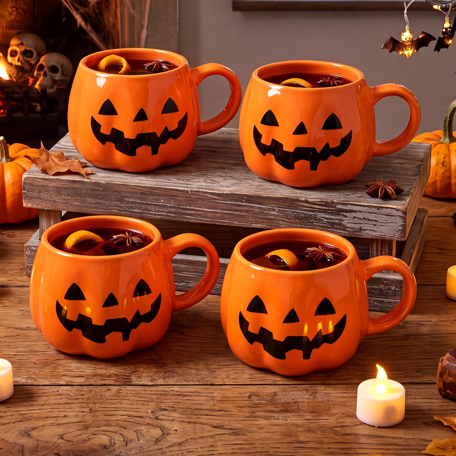 Potchen 4 Pack 12 oz Halloween Pumpkin Coffee Mug Ceramic Pumpkin Cup with Jack O Lantern Face Spooky Fall Decor Birthdays Hallo