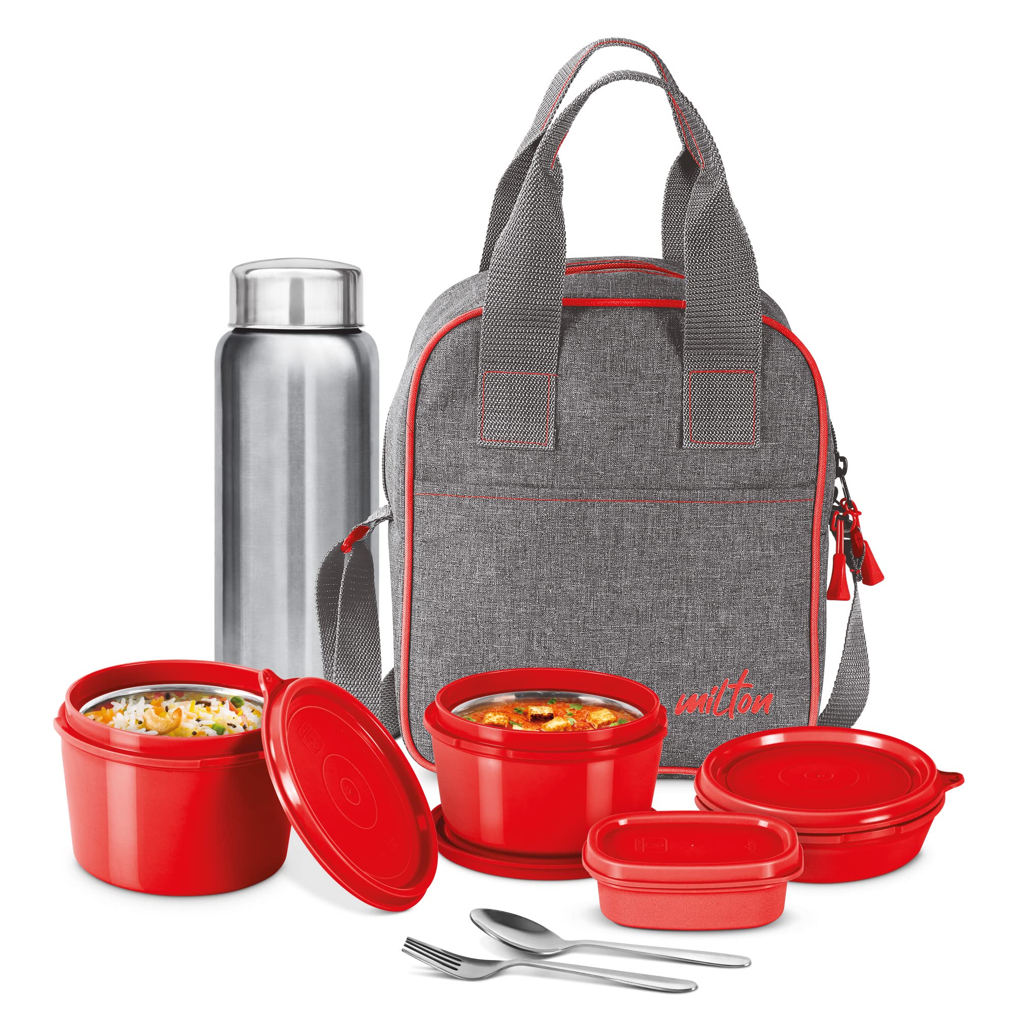 MILTON Savor Lunch Tiffin (3 Microwave Safe Inner Steel Containers, 180/320/450 ml; 1 Plastic Chutney Dabba,100ml; 1 Aqua Steel 