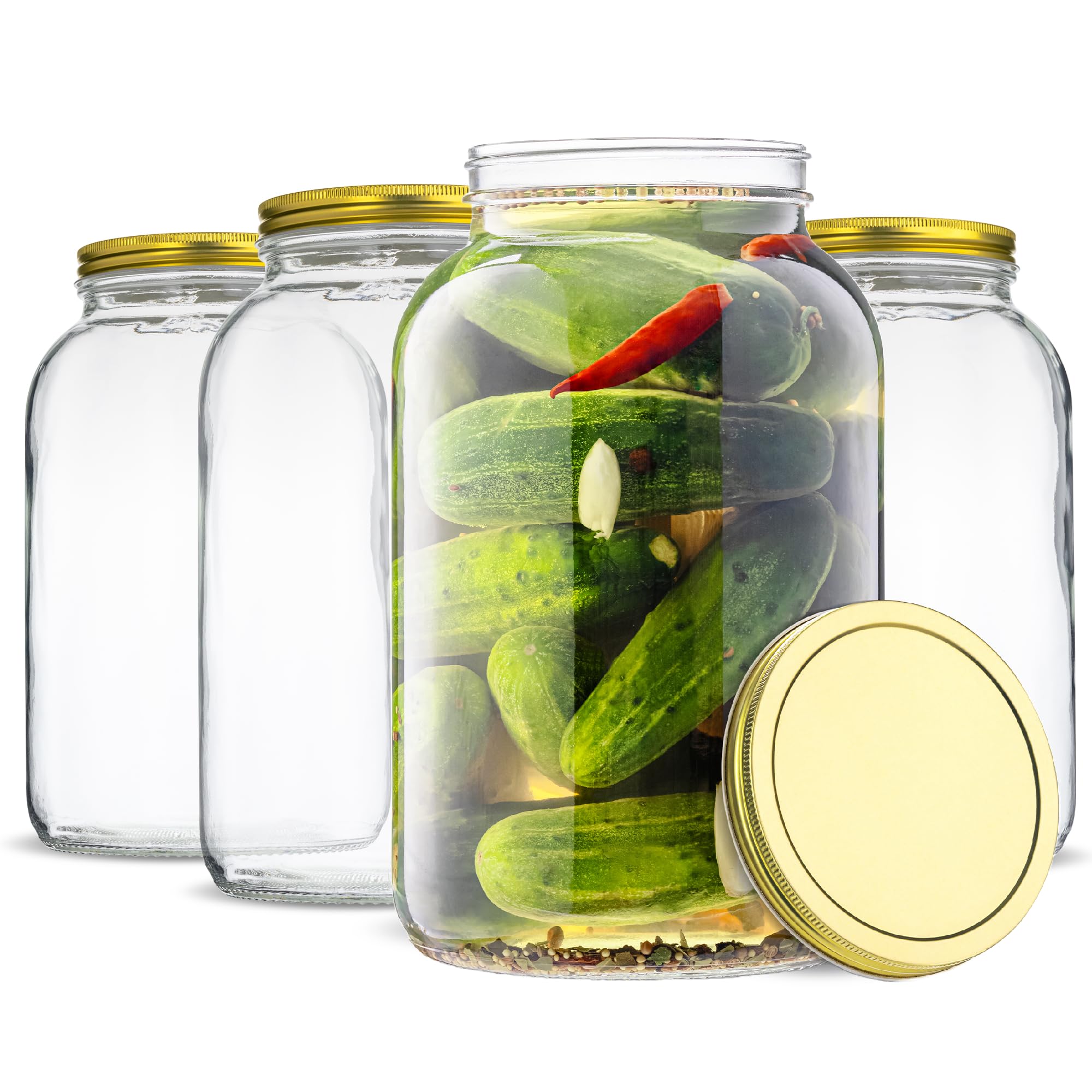 kitchentoolz 1 Gallon Glass Large Mason Jar Wide Mouth with Metal Airtight Lids (4 Pack) - Fermentation Kombucha Kefir Kimchi - 